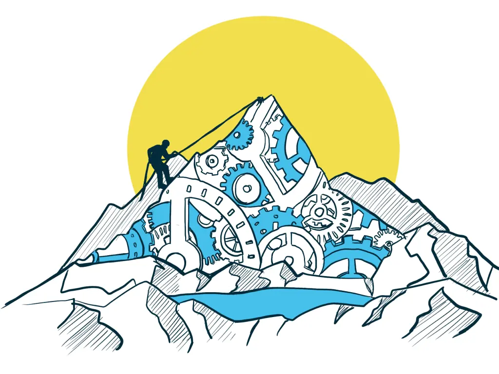 Illustration: Bergsteiger:in geht auf einen Berg (der Berg ist voller Zahnräder)