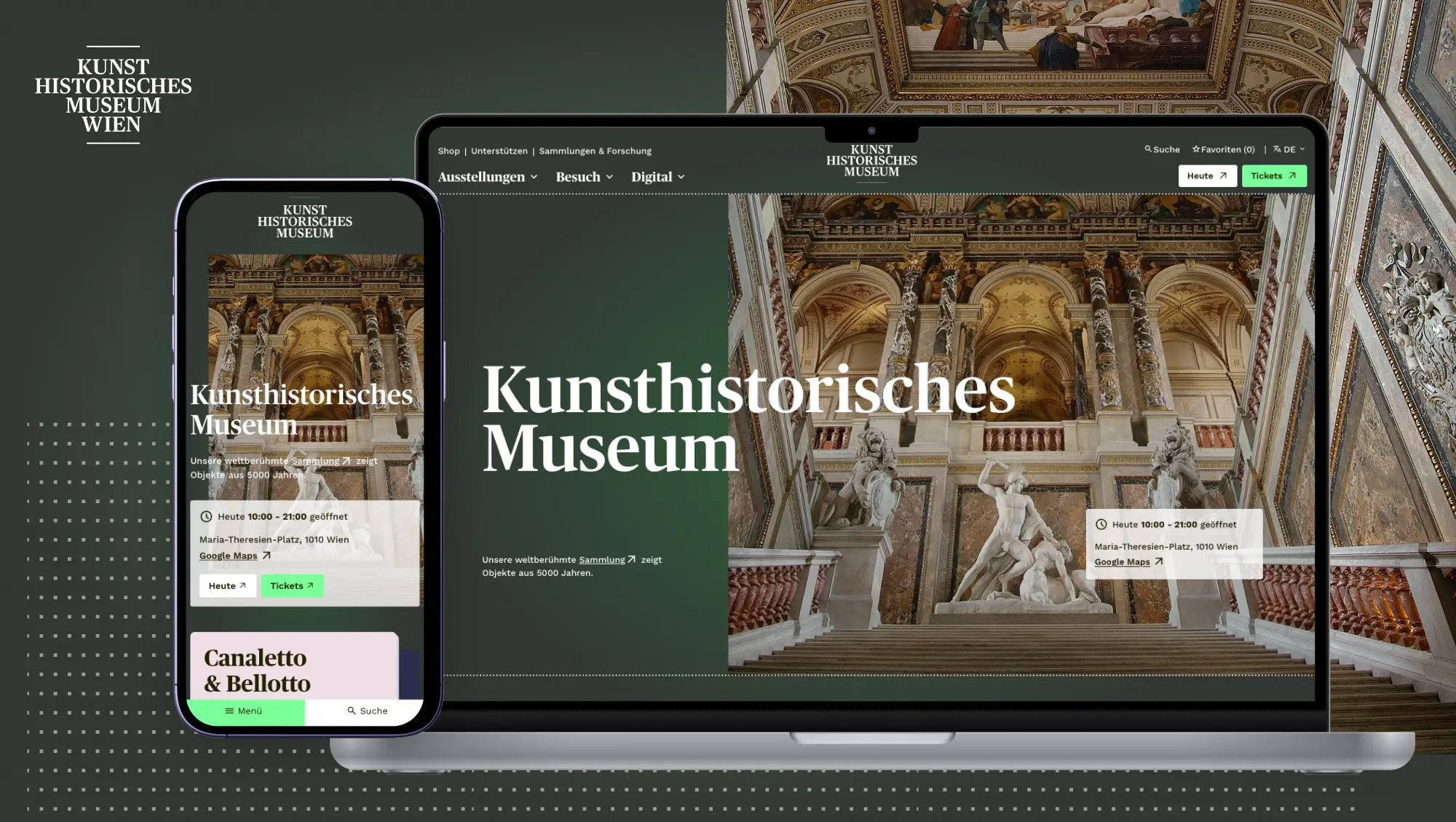 Ansicht der KHM Website auf Laptop und Smartphone auf dunkelgrünem Hintergrund