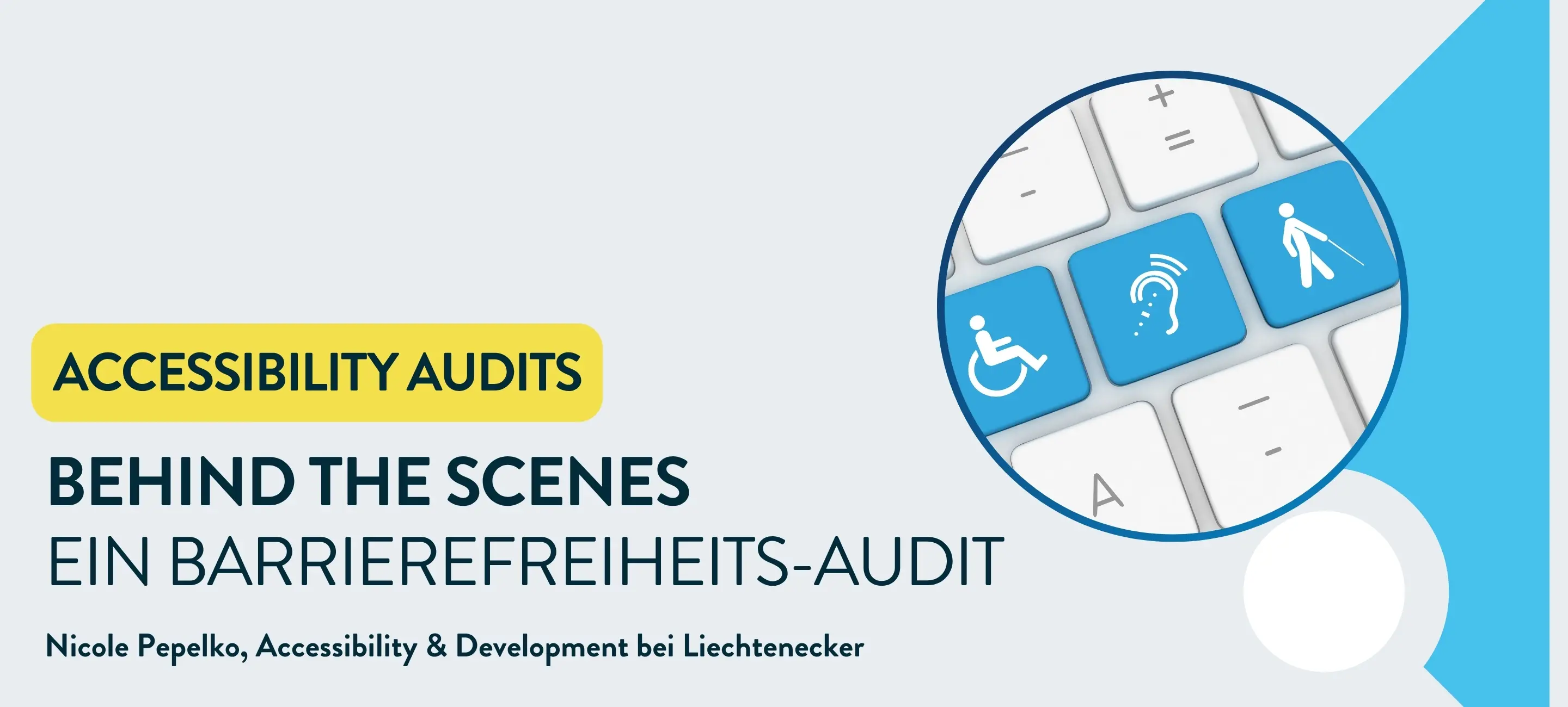 Headline mit Sujet: Tastatur mit Symbolen für Barrierefreiheit im Fokus auf hellem  Hintergrund