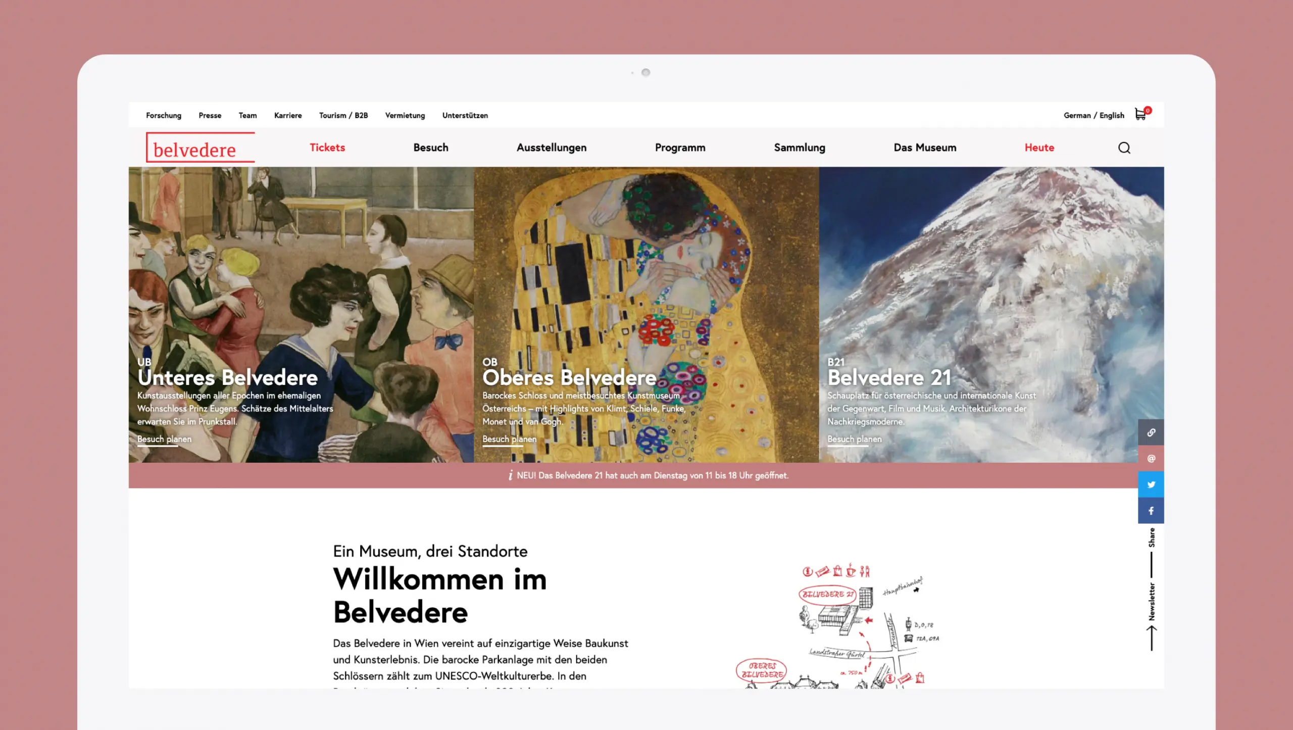 Abbildung der neuen Belvedere Startseite