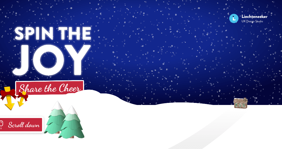 Screenshot der ersten Ansicht mit Aufforderung Spin the Joy, share the cheer auf einer Winterlandschaft