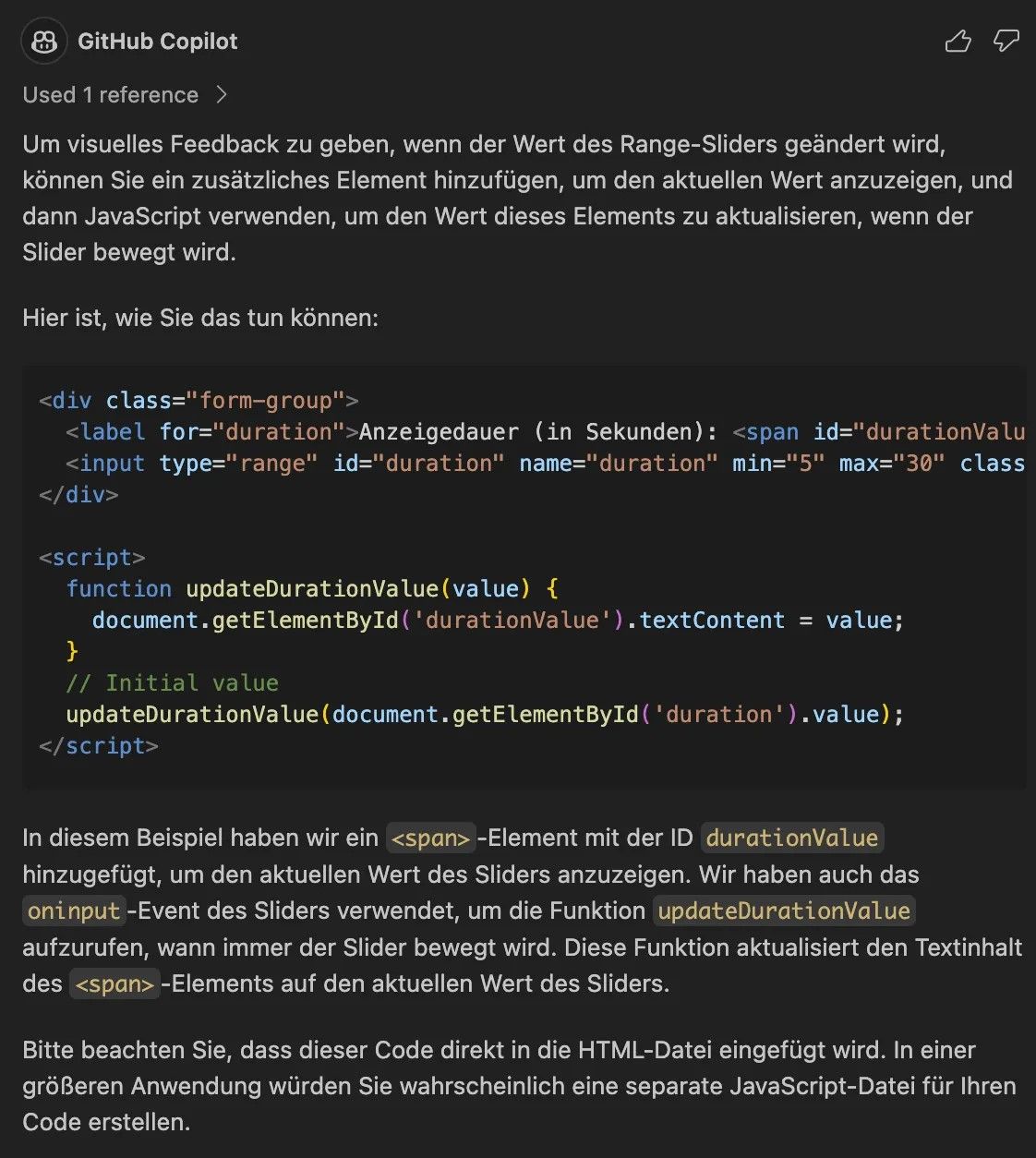 Gifthub Copilot Anzeige mit Informationen und Codeausschnitten 
