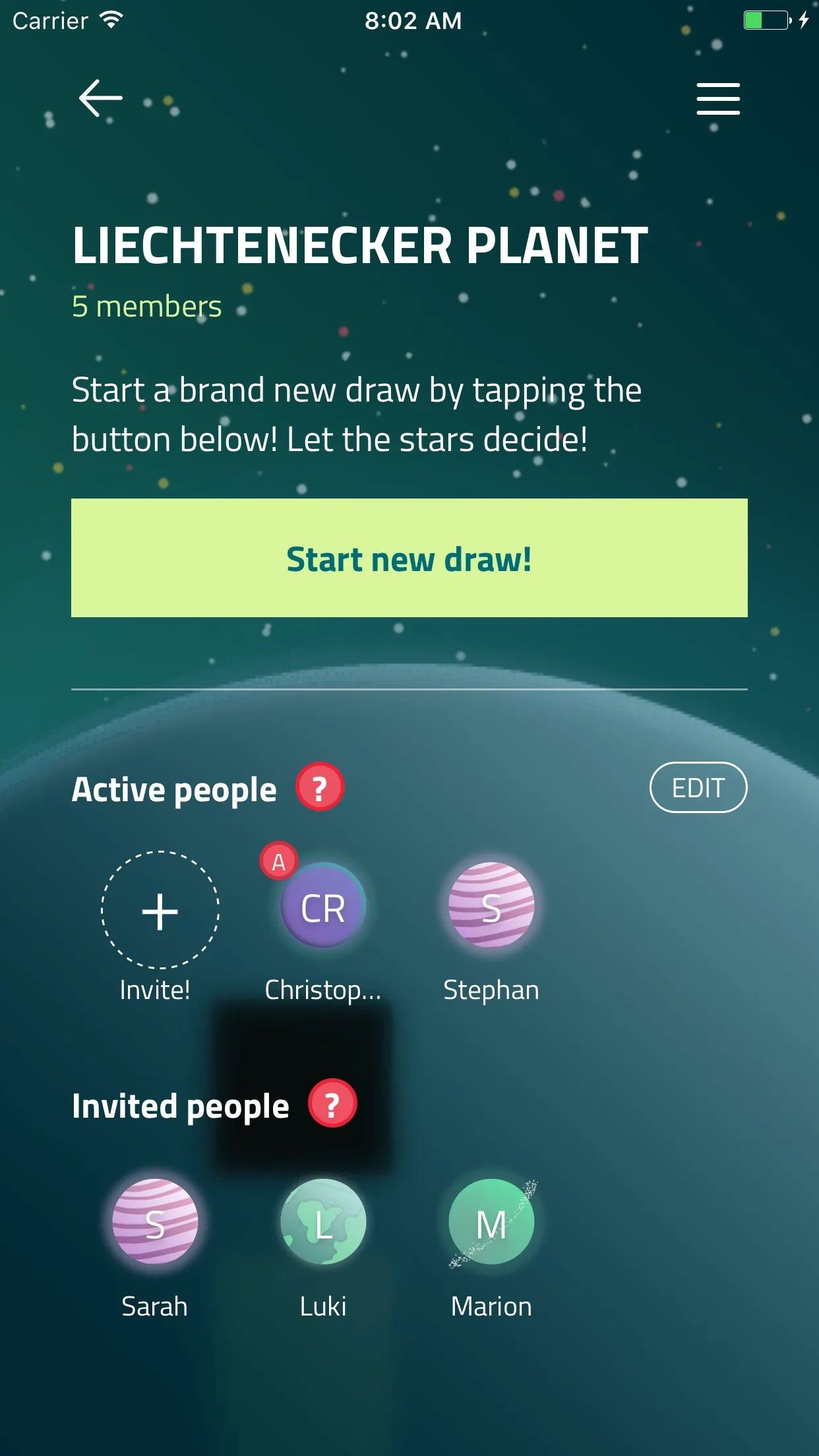 Die Gruppenansicht bei Cosmic Oracle