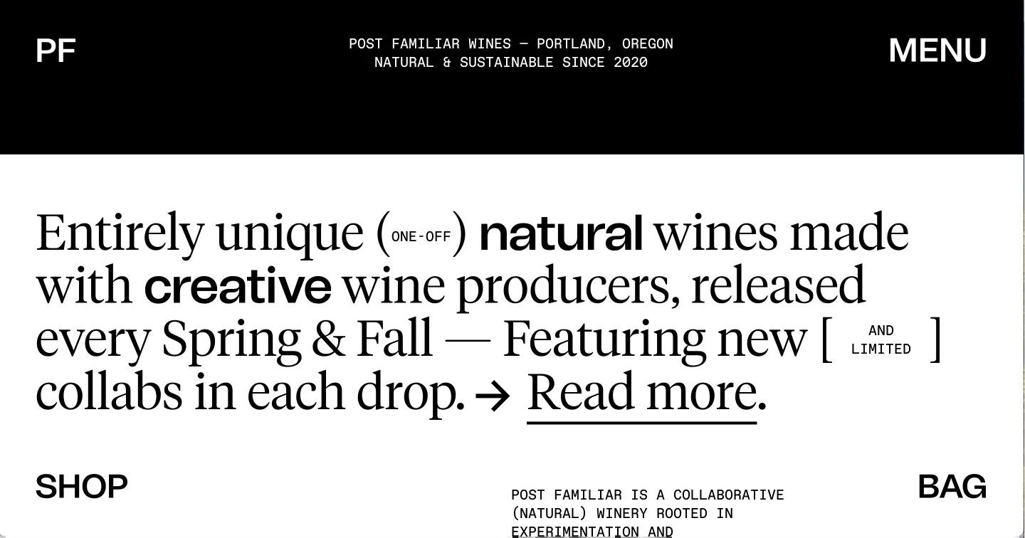 schwarzer Menübalken, weißer Hintergrund mit präsentem schwarzen Text