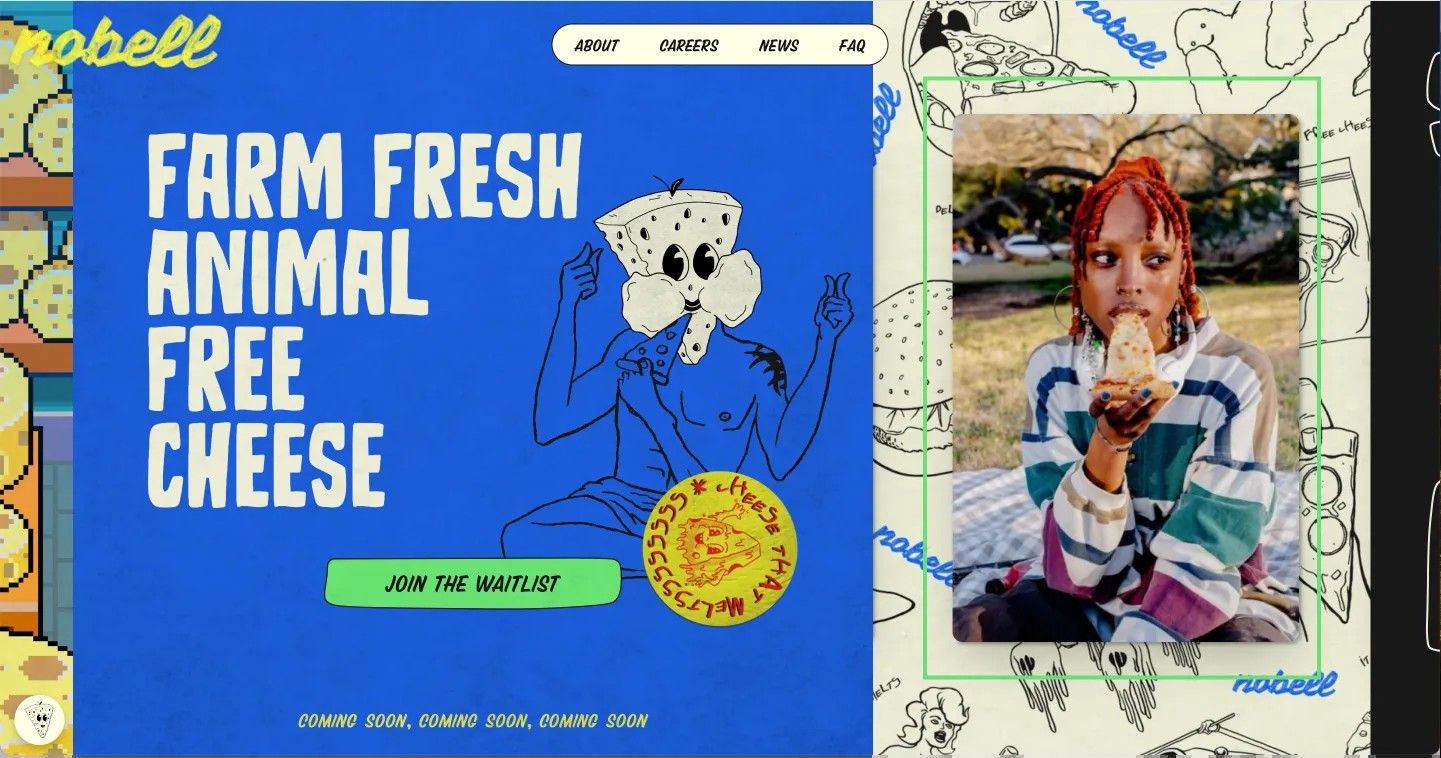 Hintegrund mit Bildern und Doodles, darüber ein blauer Layer mit Text, dabenen ein Foto mit grünem Rahmen