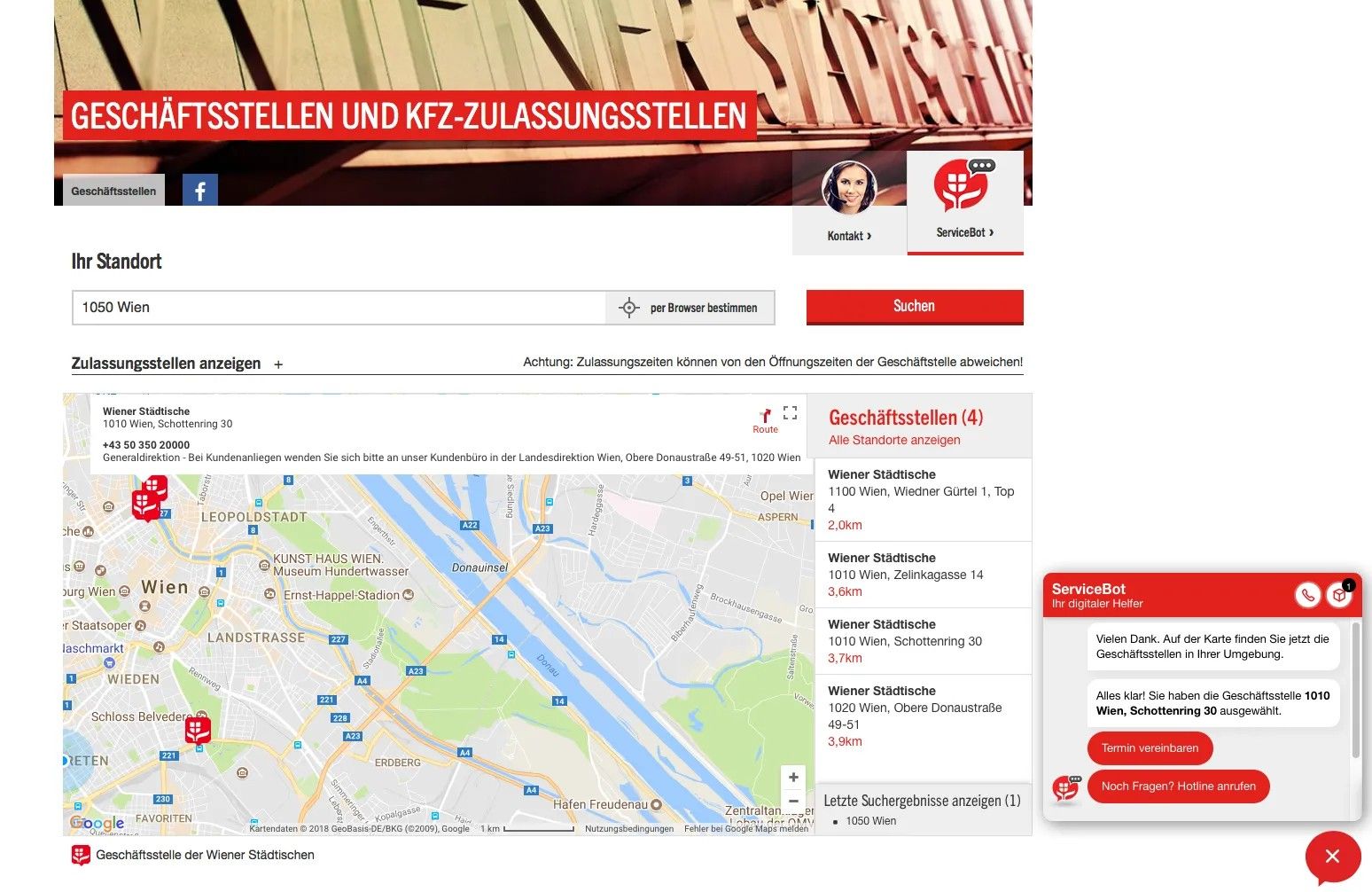 Die aktive Ansprache des ServiceBots nach der Auswahl einer Geschäftsstelle