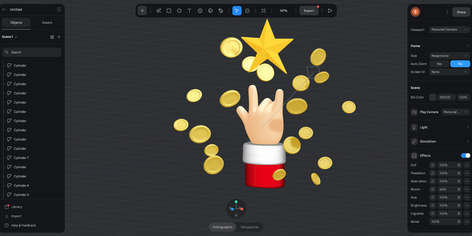 Screenshot Spline, Hand ragt in die Luft und Münzen und Sterne erscheinen