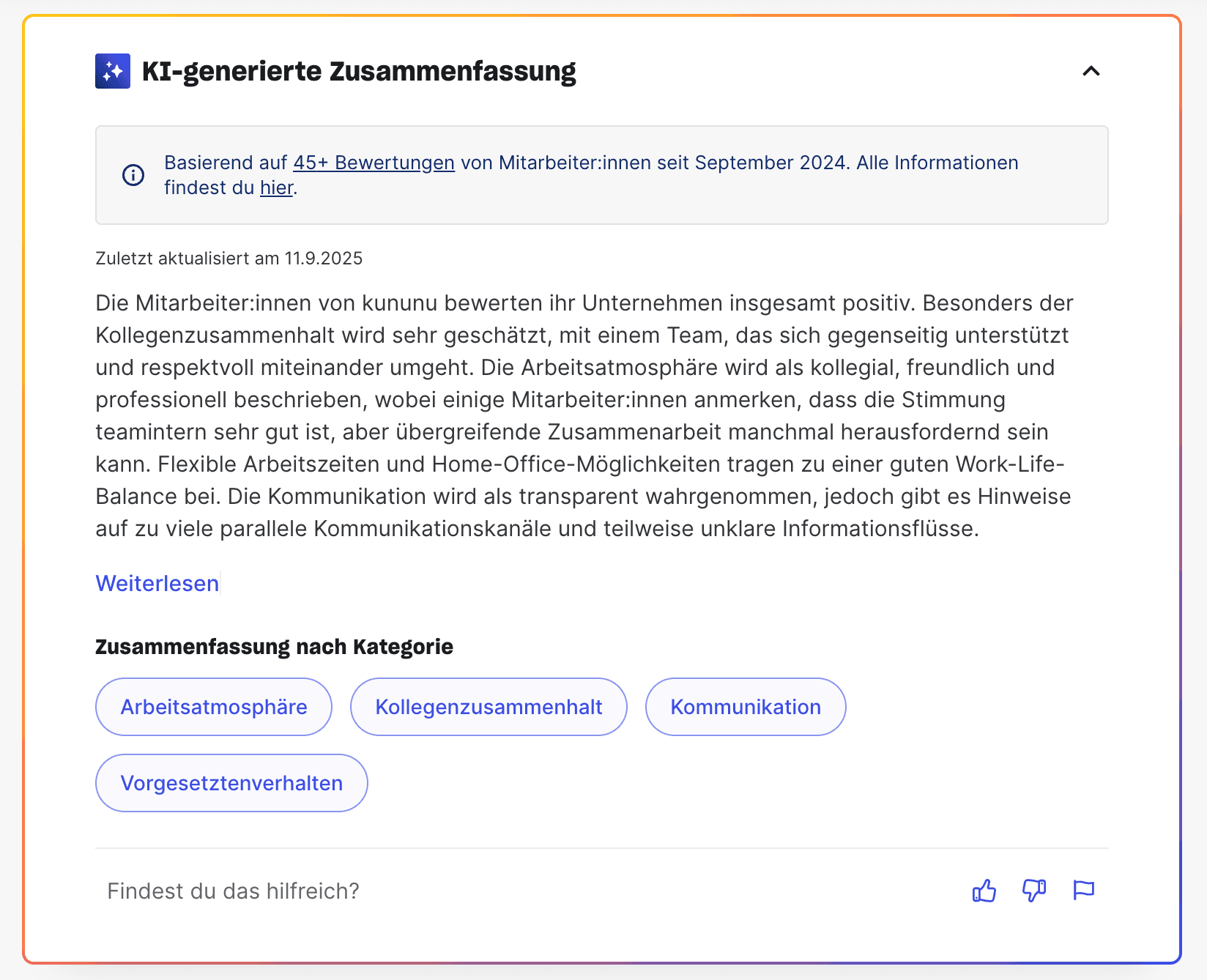 KI Zusammenfassung von kununu