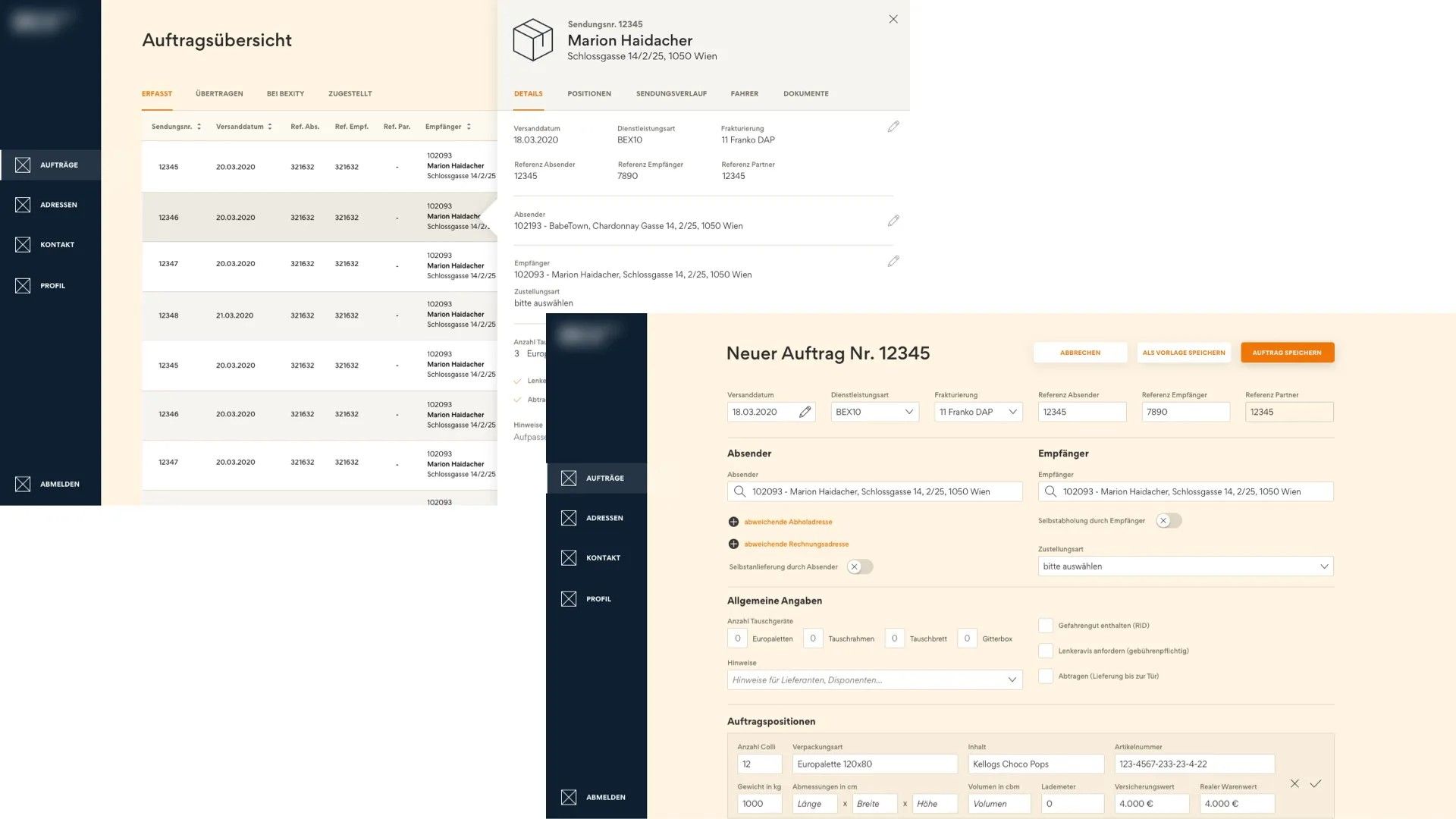 Interface für eine Logistik-Software