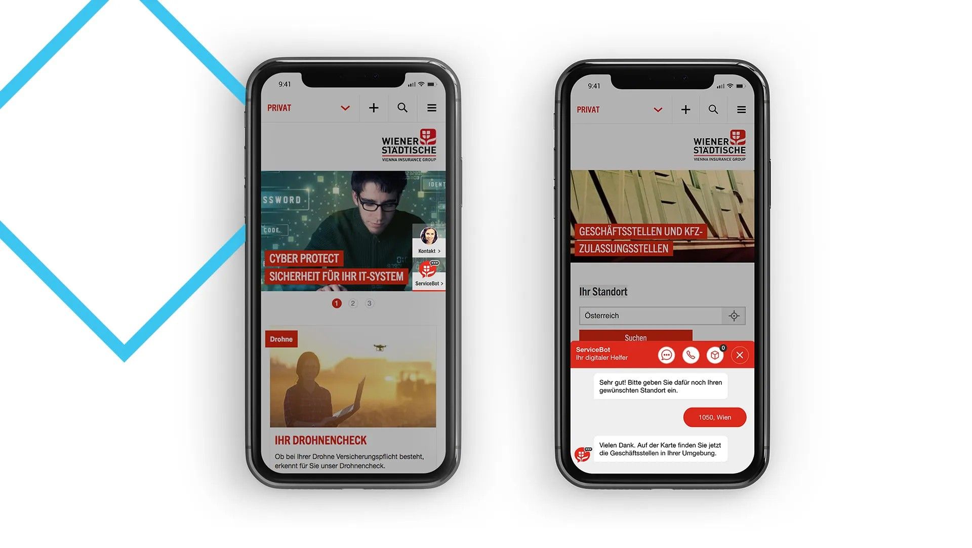 Links: Die mobile Ansicht der Kontaktlasche, Rechts: Die mobile Ansicht des Interfaces