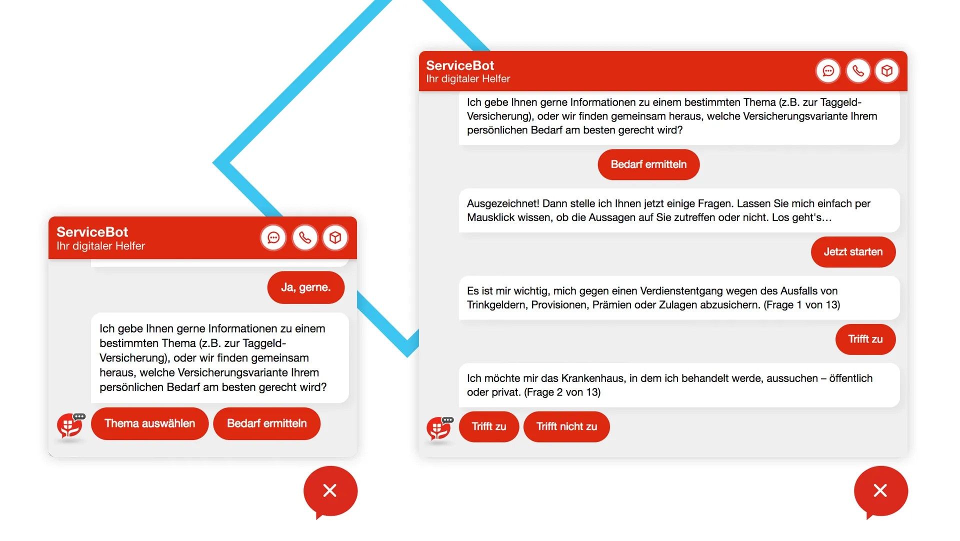 Links: Chatfenster in Ursprungsgröße, Rechts: Vergrößertes Chatfenster bei mehr Inhalt