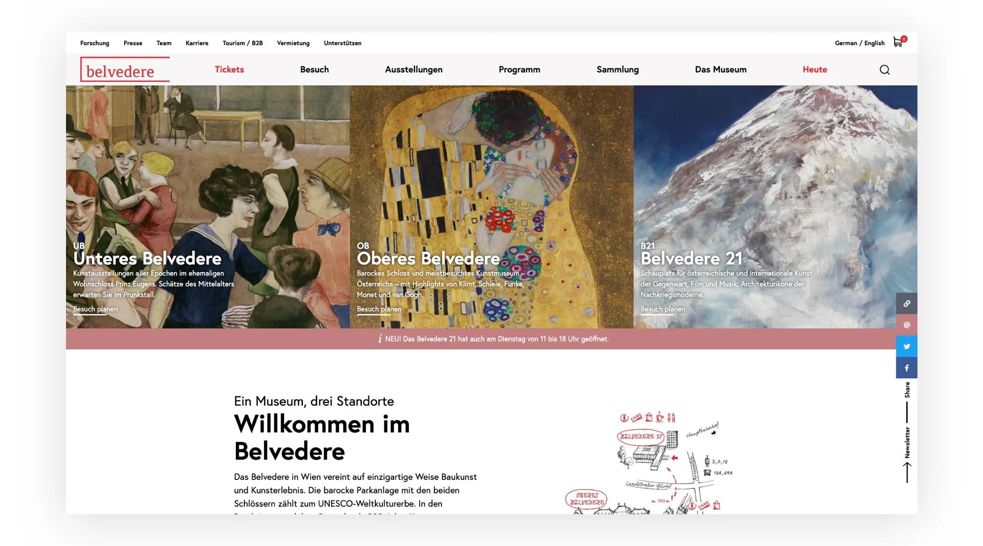 Bild der neuen Startseite von belvedere.at