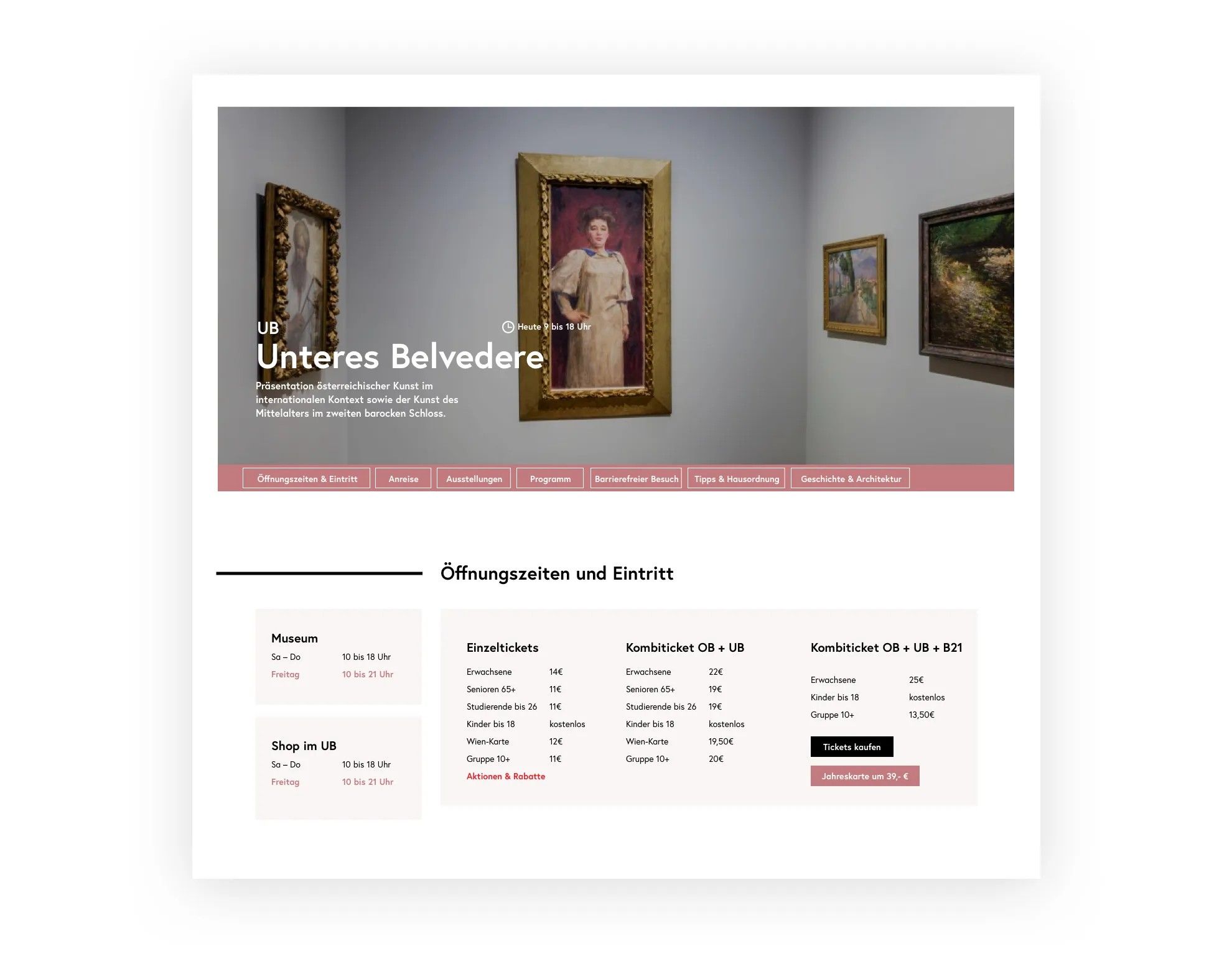 Ein Screenshot der "Besuch planen" Unterseite. Öffnungszeiten und Ticketpreise aus dem Unteren Belvedere sind abgebildet.