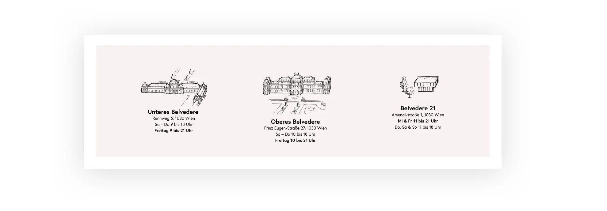 Eine Illustration der drei Häuser mit Adresse im Footer der Website.