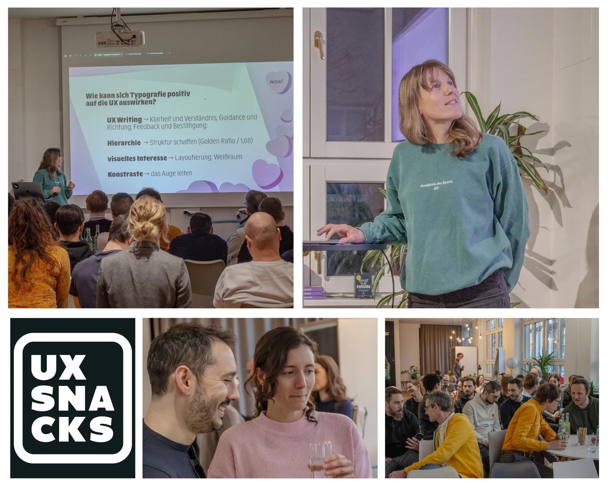 Foto-Collage der UX Snacks, speziell des Vortrages von Miriam Perkmann, Liechtenecker