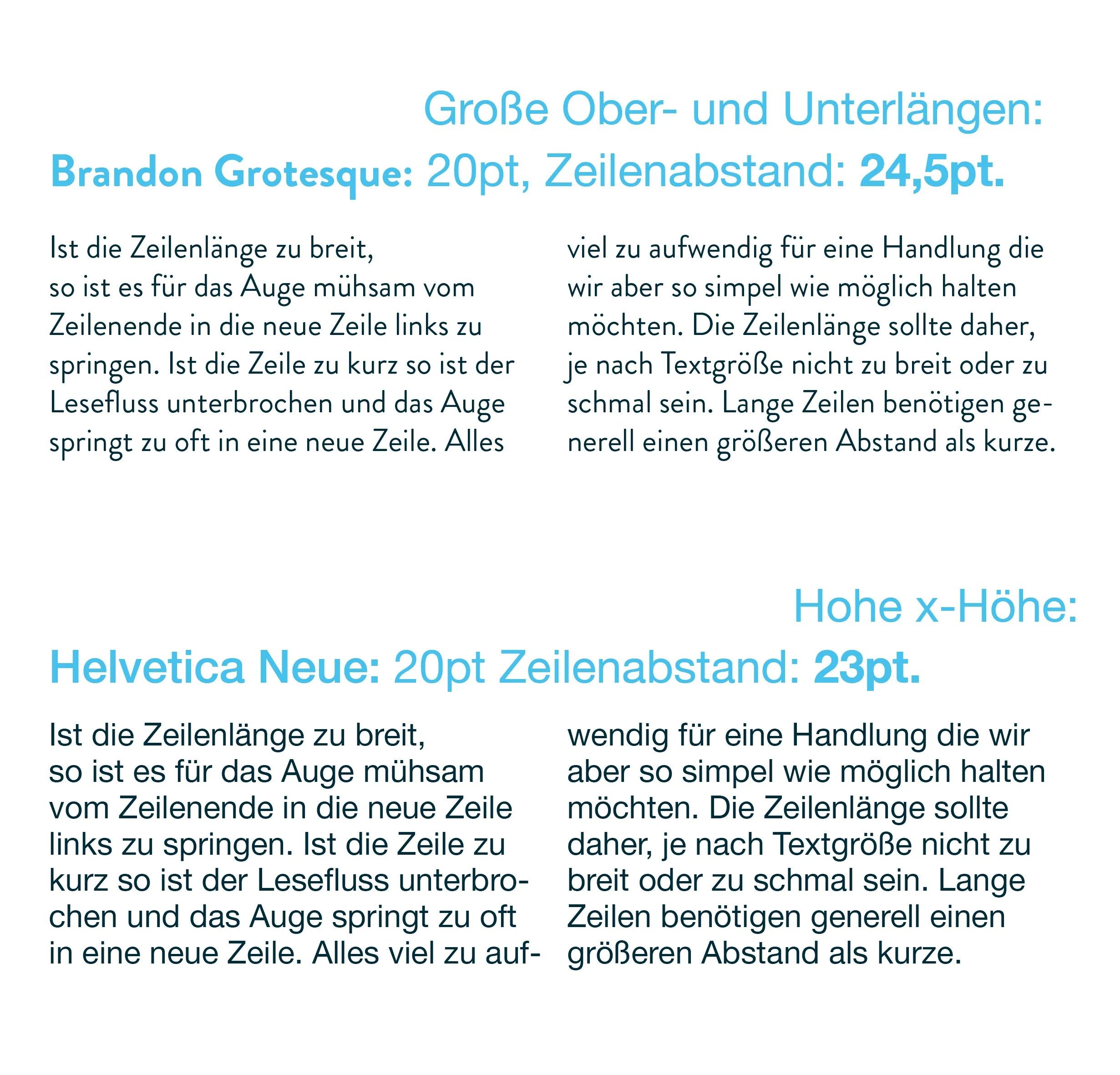 Beispielstext für den Zeilenabstand
Text 1: Schrift 20pt, Zeilenabstand 25,5pt
Text 2: Schrift 20pt, Zeilenabstand 23pt
