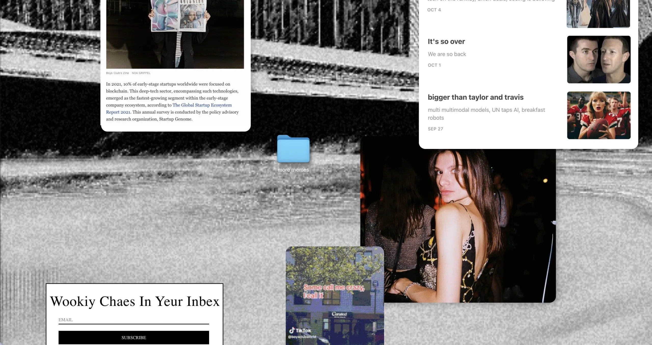 Foto als Hintergrund mit Kacheln verschiedener Inhalte quer darüber (Foto, Artikel,..)