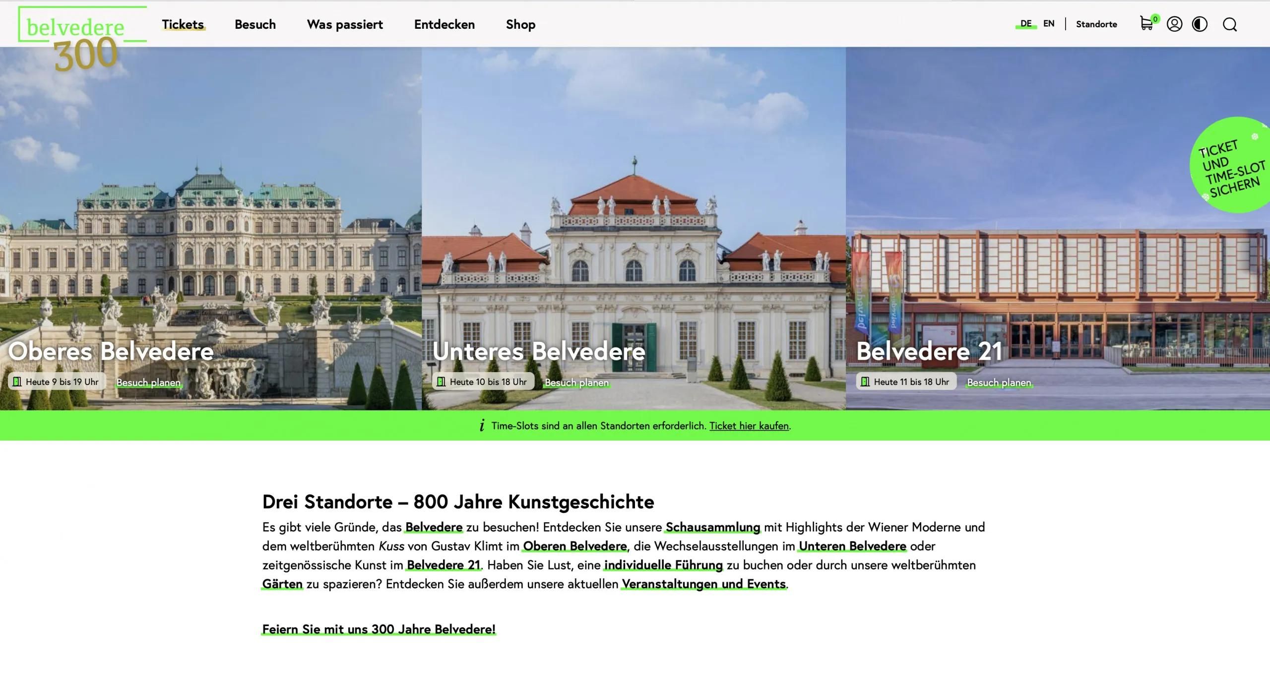 Screenshot der Belvedere.at Startseite im nomalen Modus
(man sieht das Obere Belvedere, das Untere Belvedere und das Belvedere 21)