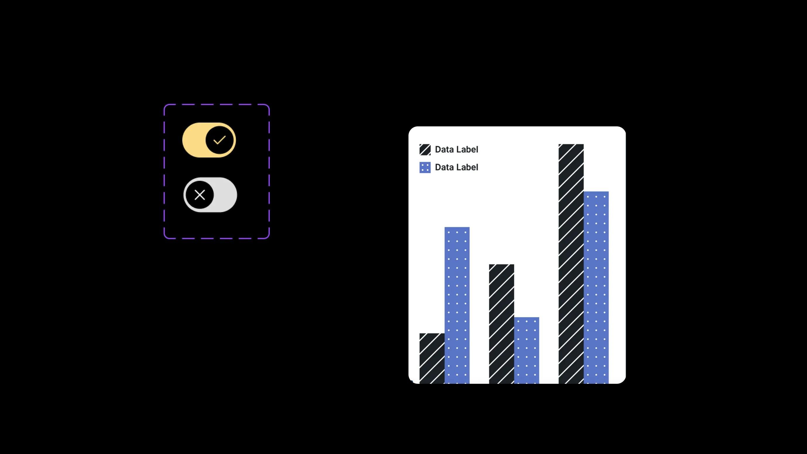 Schwarzer Hintergrund mit Symbolen- Schieber und einem Balkendiagramm mit unterschiedlichen Strukturen