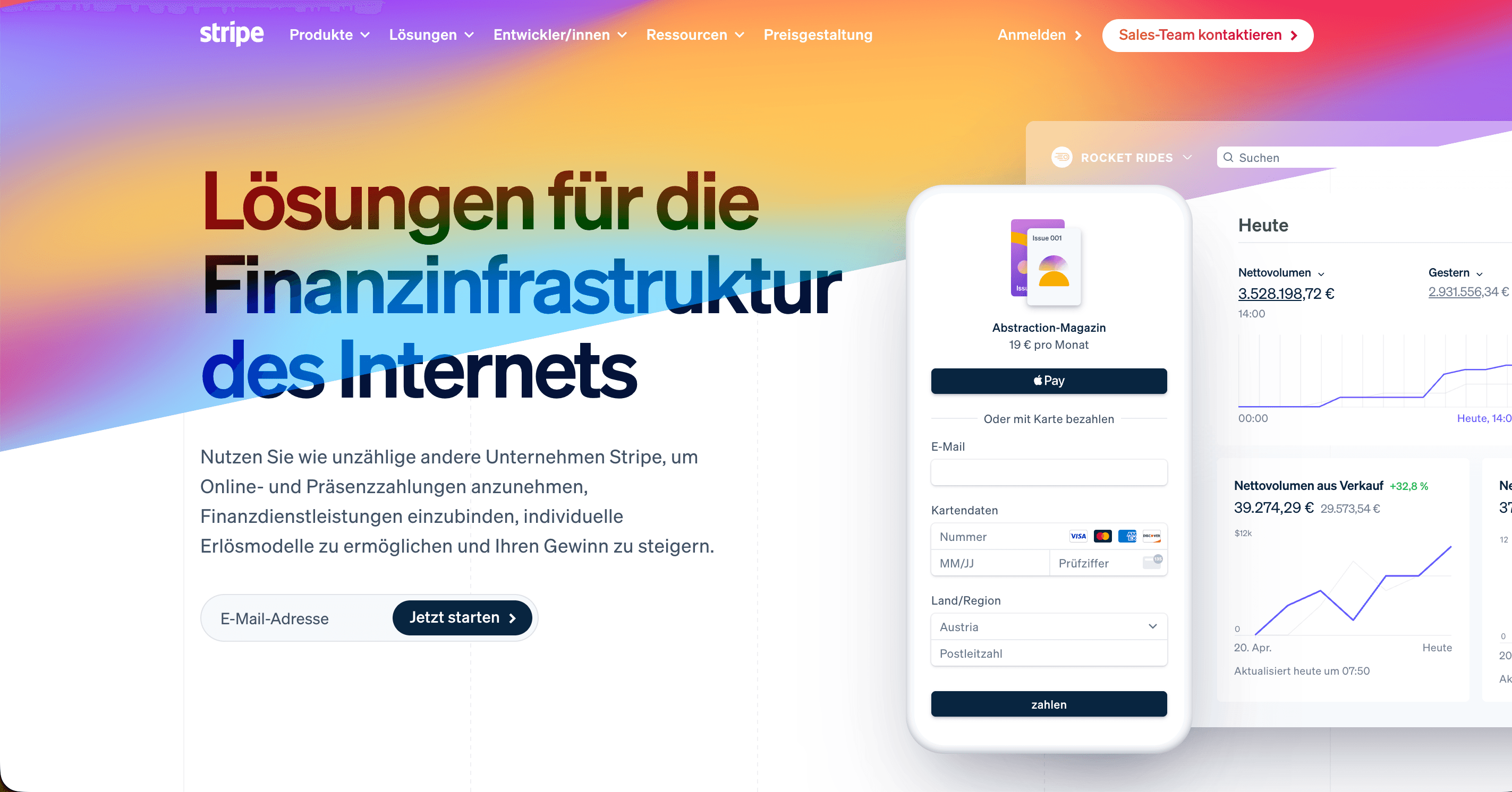 Website-Layout mit buntem Hintergrund, Smartphone und Diagrammen.