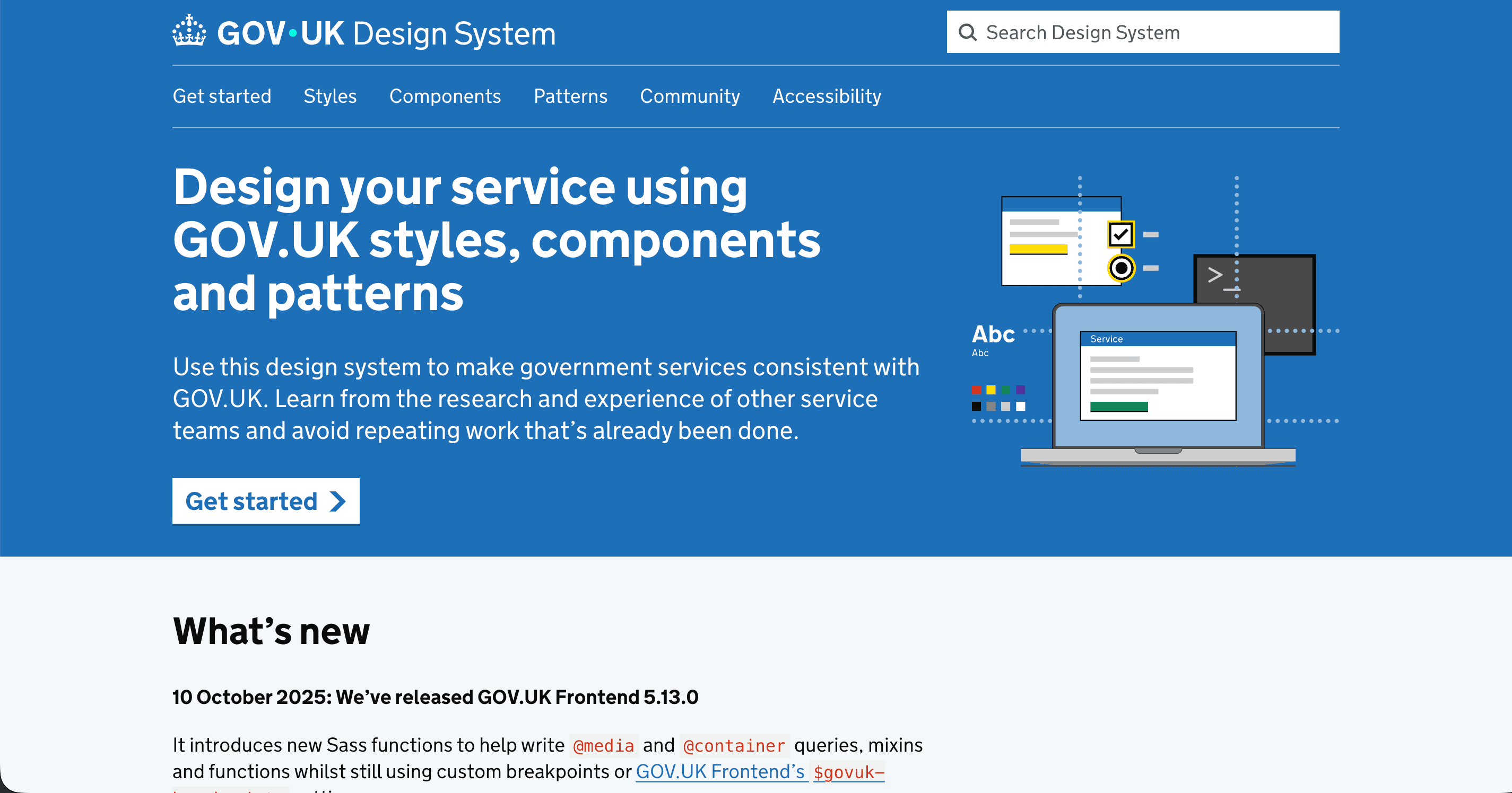 Screenhsot GOV.UK  Blauer Hintergrund mit Text zu Design System und Grafiken 