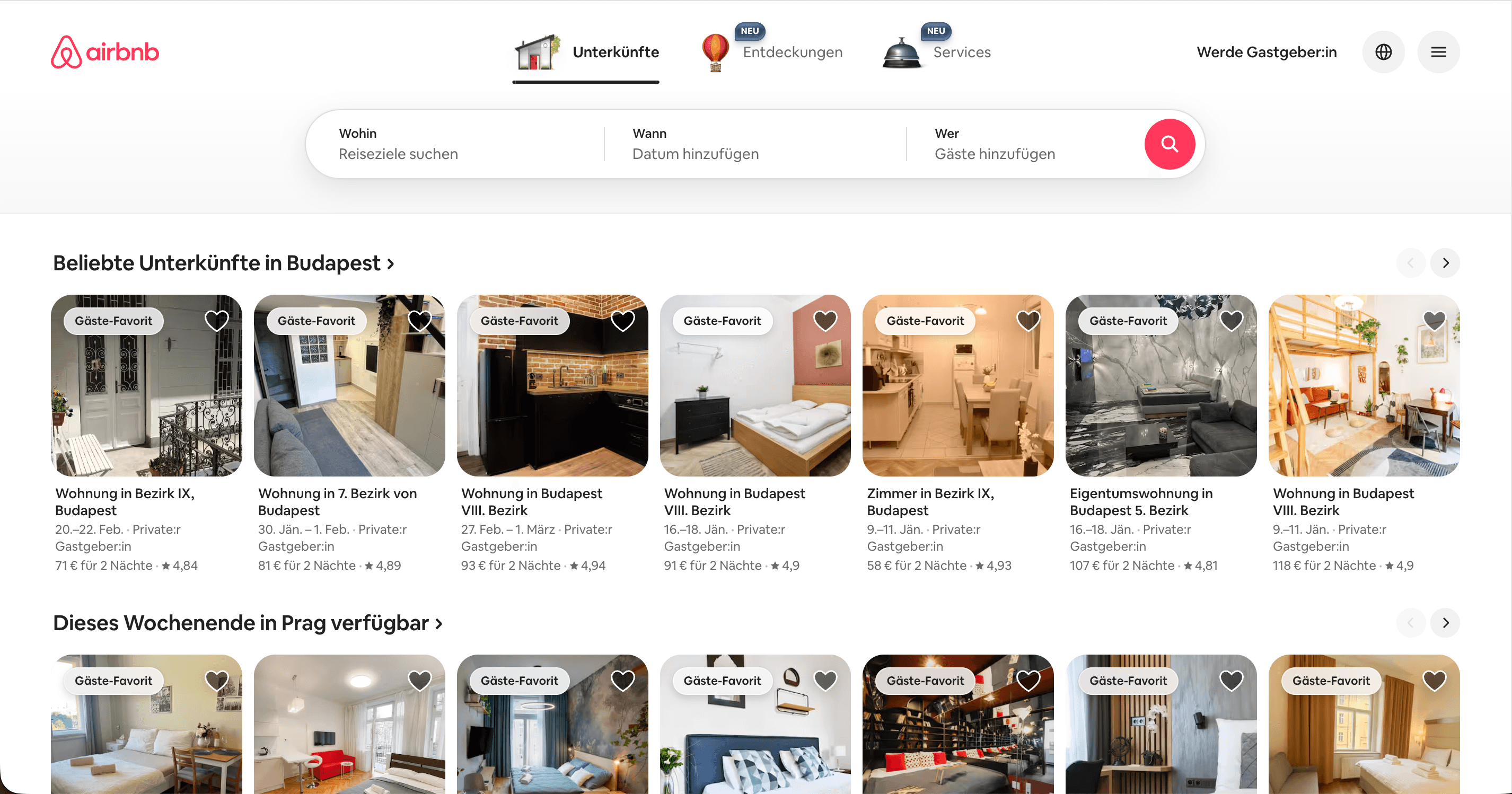 Ansicht Screenshot Webseite mit Wohnungsliste in Budapest, Fotos von Innenräumen, Airbnb-Logo oben links.