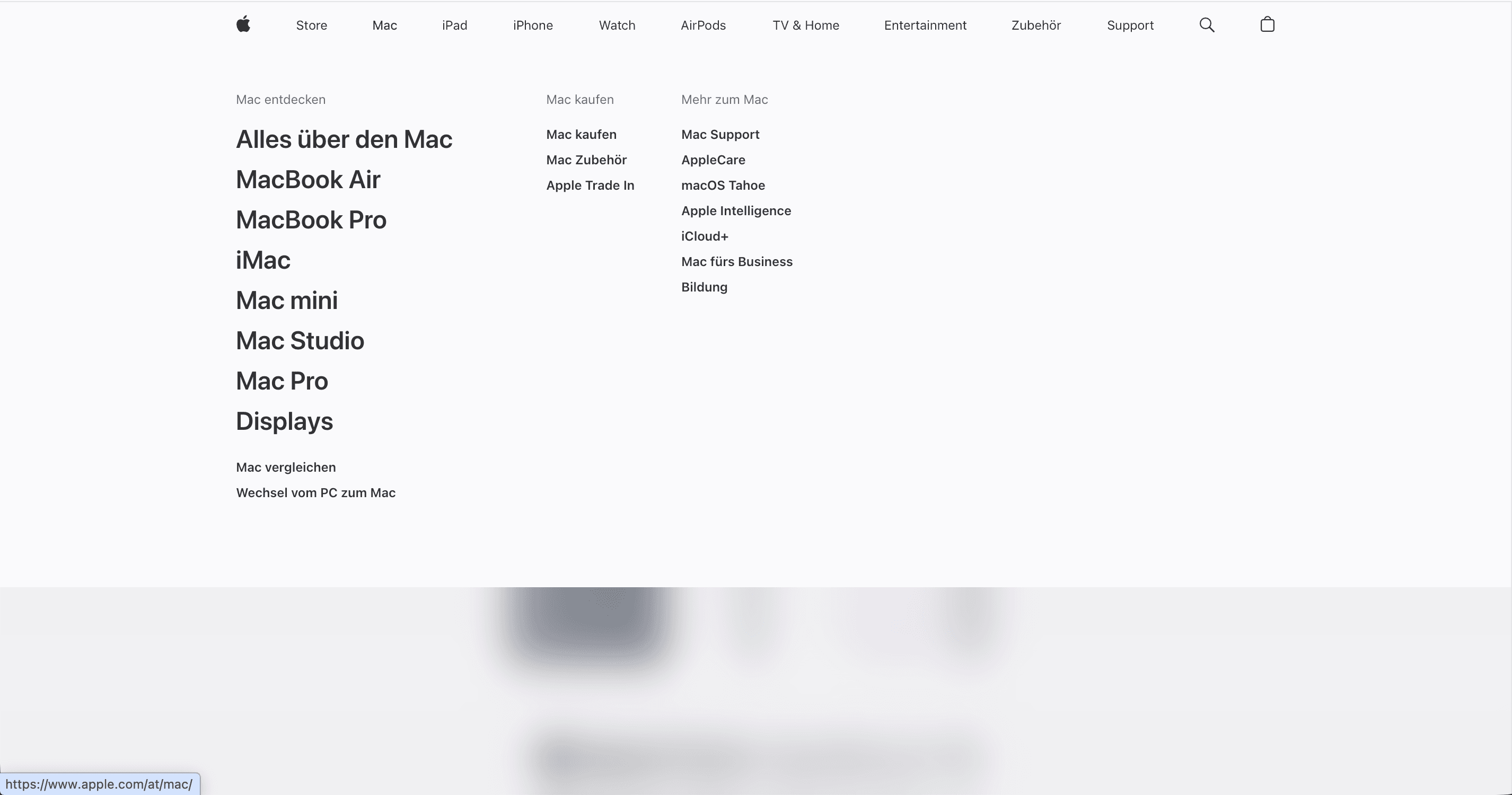 Screenshot Apple-Website-Navigationsmenü mit Produktkategorien