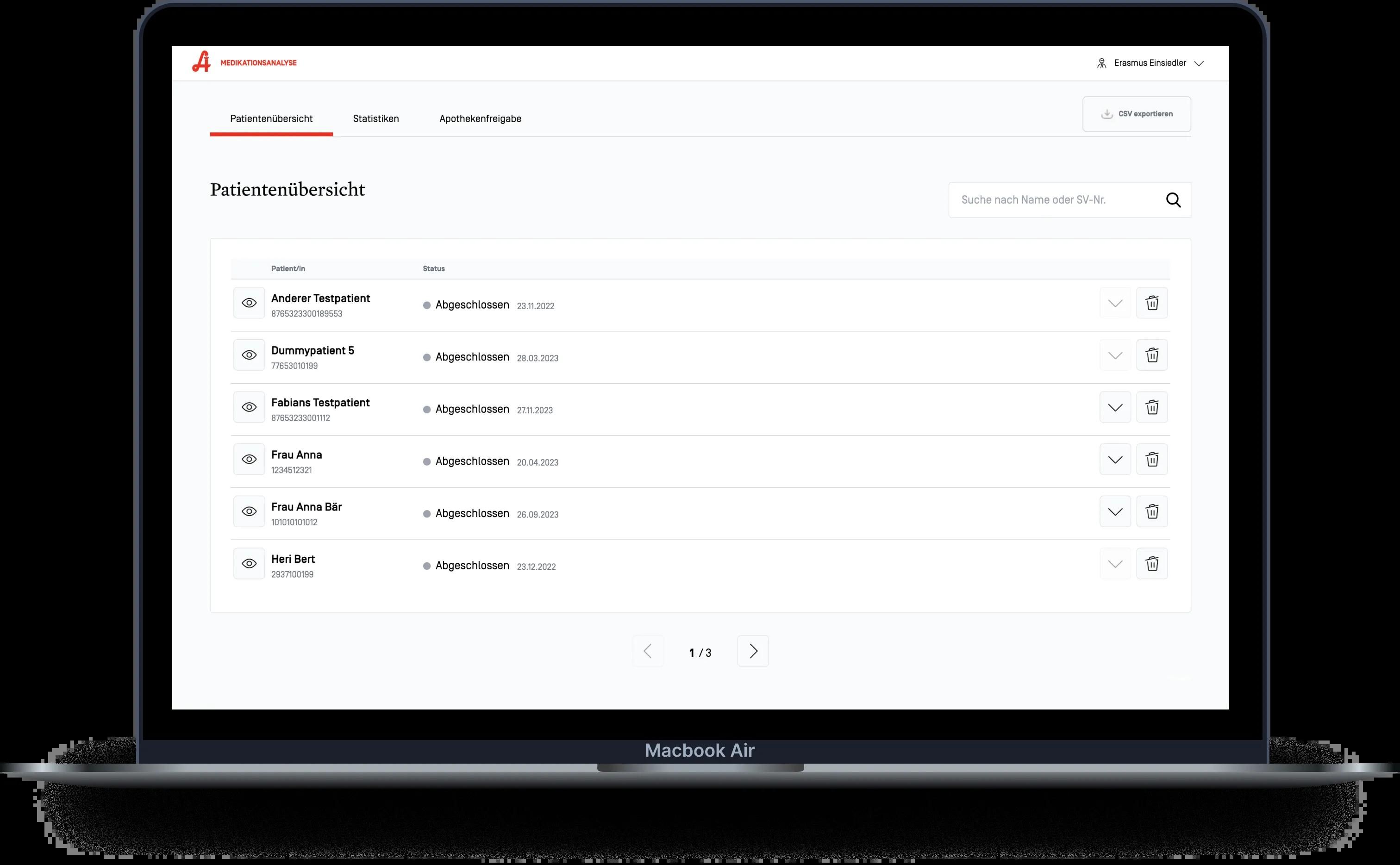 Screendesign Ansicht: Patientenübersicht (Liste der Patrienten mit Status daneben)