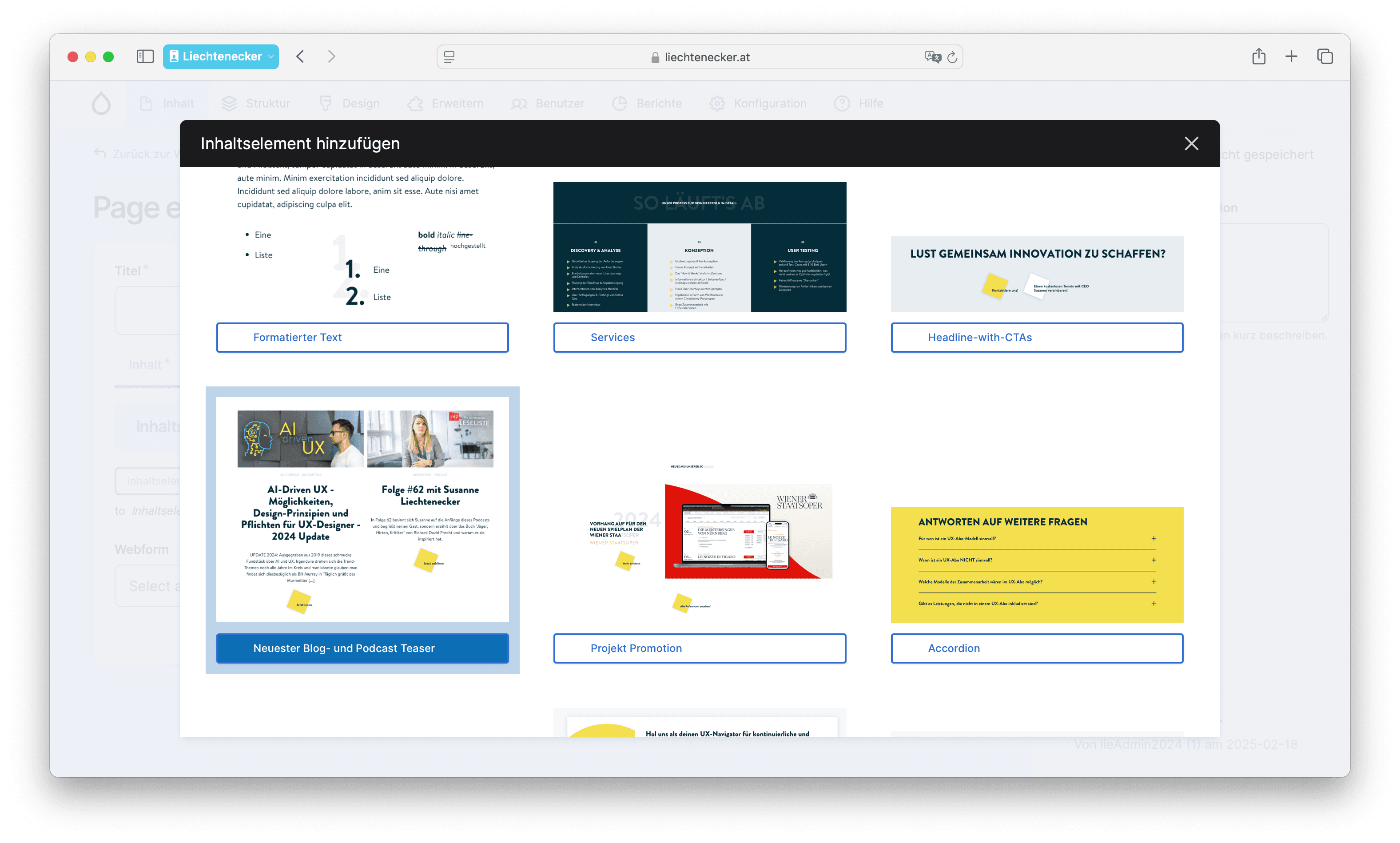 Screenshot Ansicht Inhaltselemente von Drupal