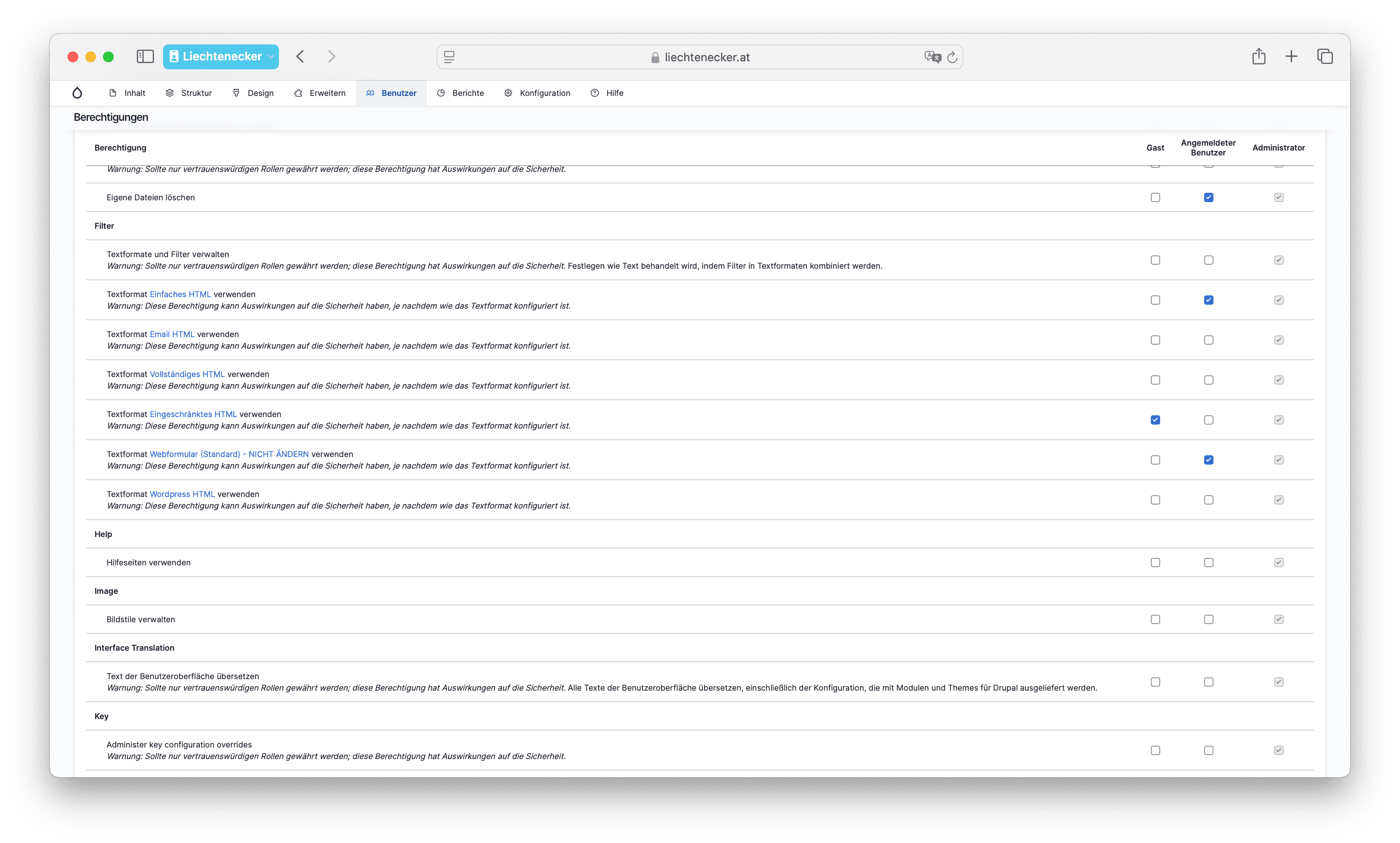 Screenshot Ansicht Berechtigungen