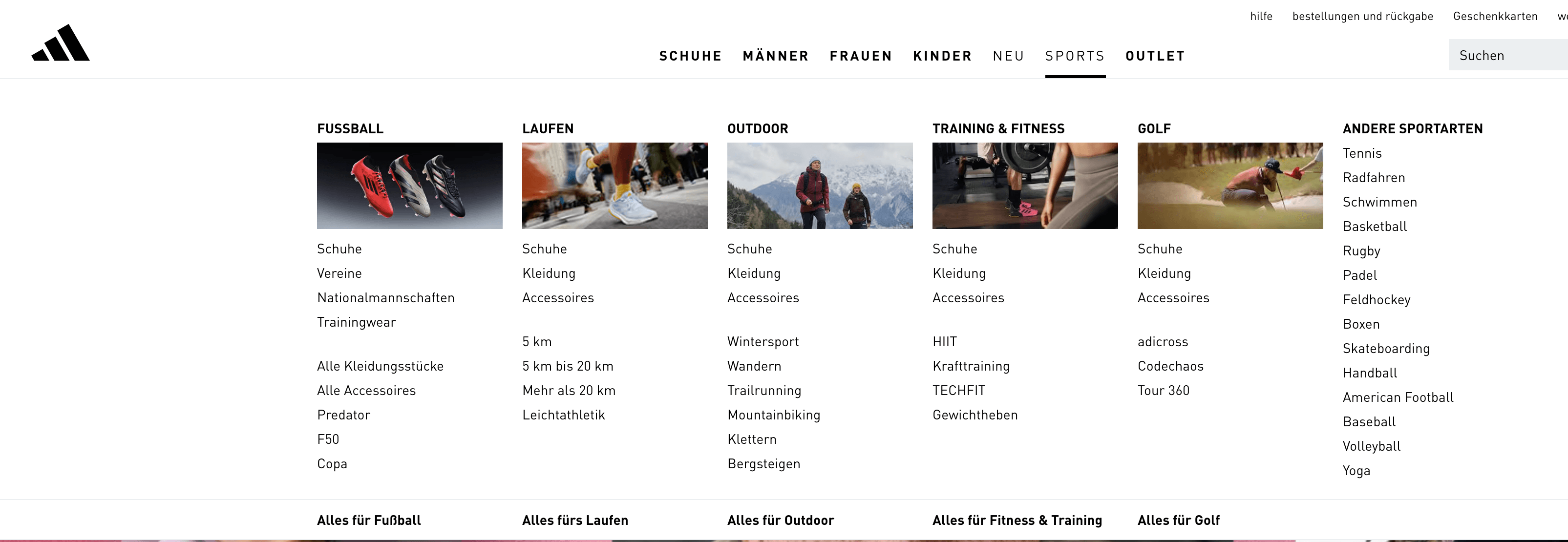 Das Mega-Menü von adidas