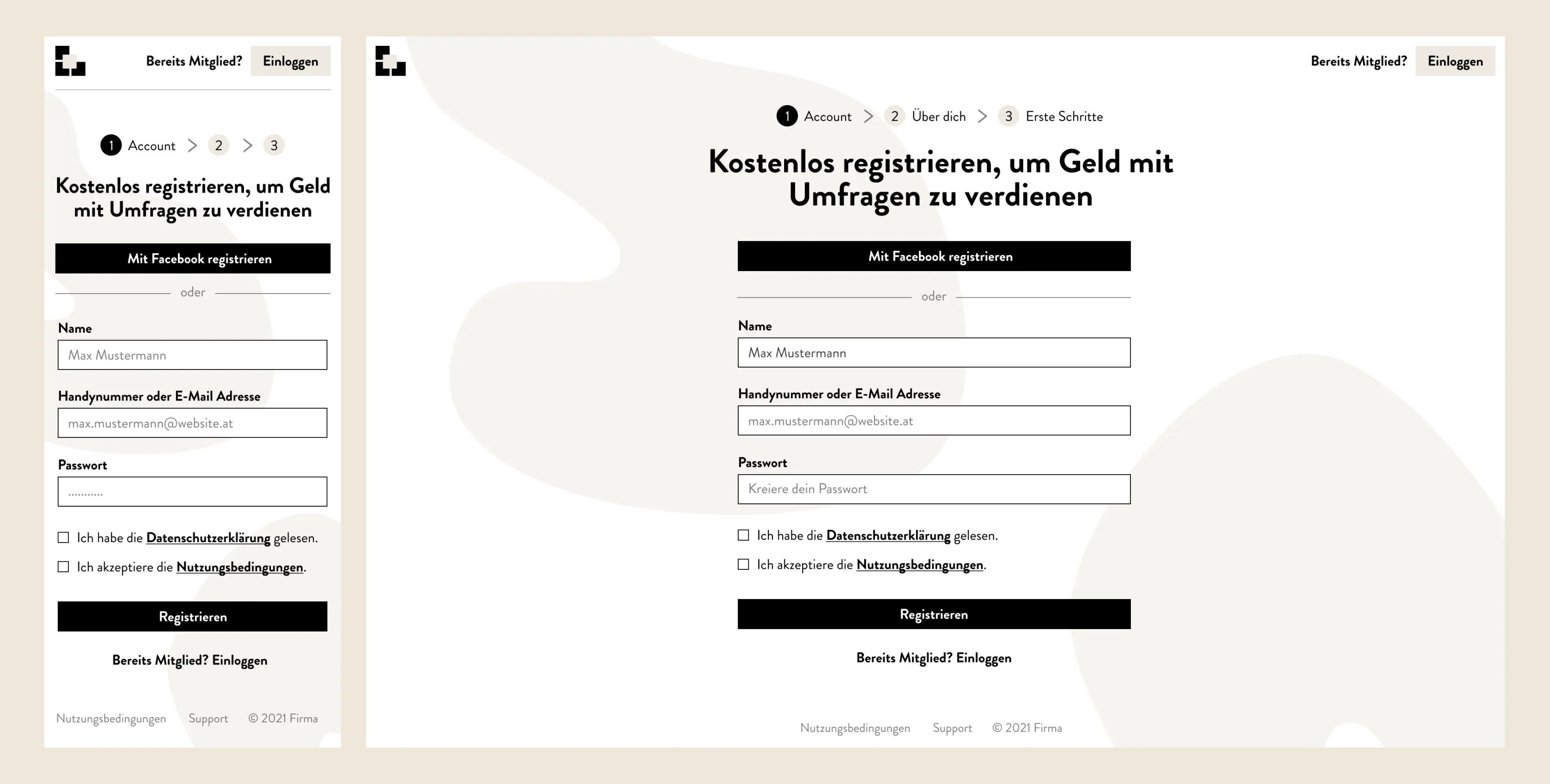 Bildschirm einer fiktiven App-Registrierung mobil und Desktop - UX/UI Routine. 