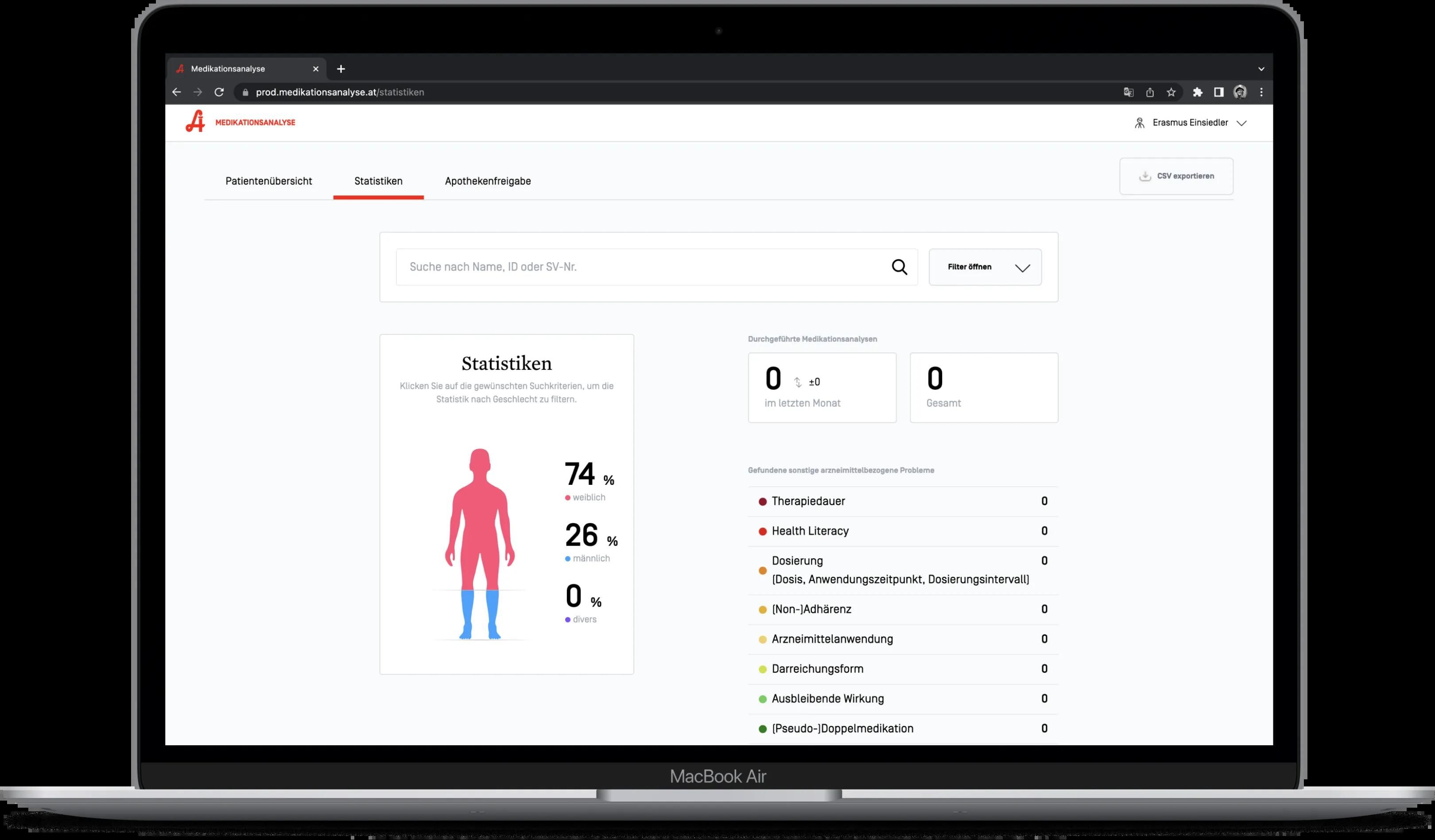 Ansicht der Seite Statistik, auf der man einen Körper sieht, der in Bereiche eingeteilt ist und mit Informationen wie Geschlecht ergänzt ist.