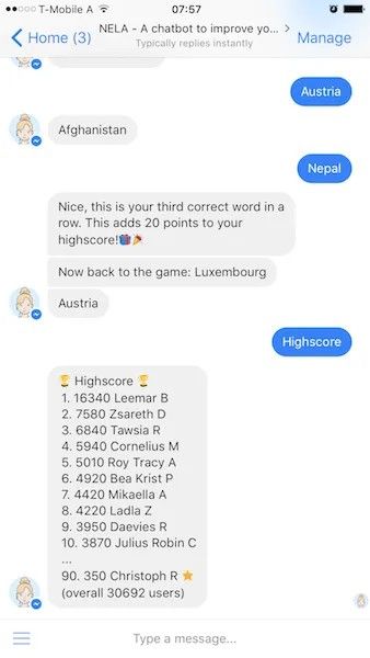 Screenshot of a native Messenger conversation (chatbots)
