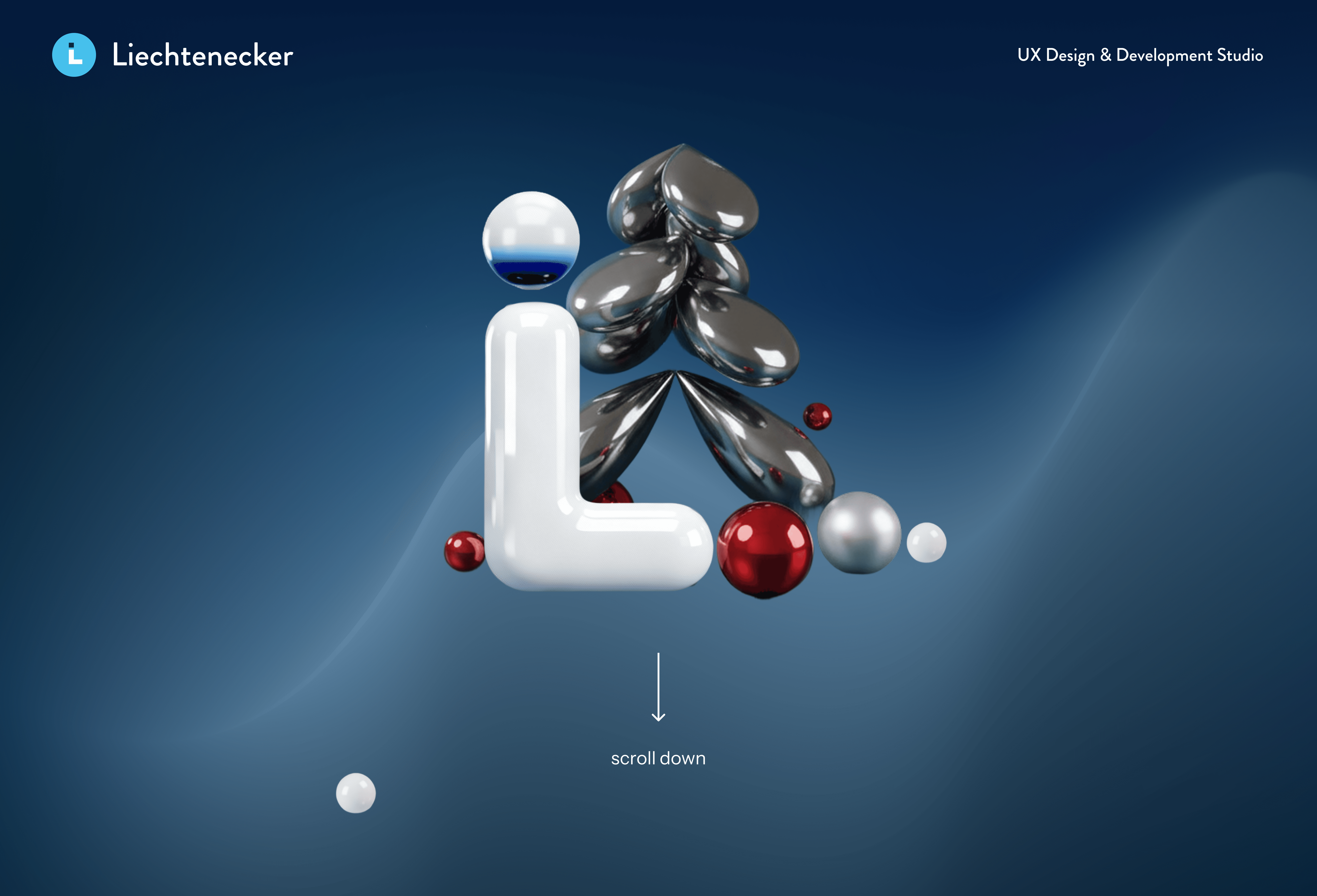 3D-Liechtenecker Logo aus metallischen und glänzenden Kugeln vor blauem Hintergrund.