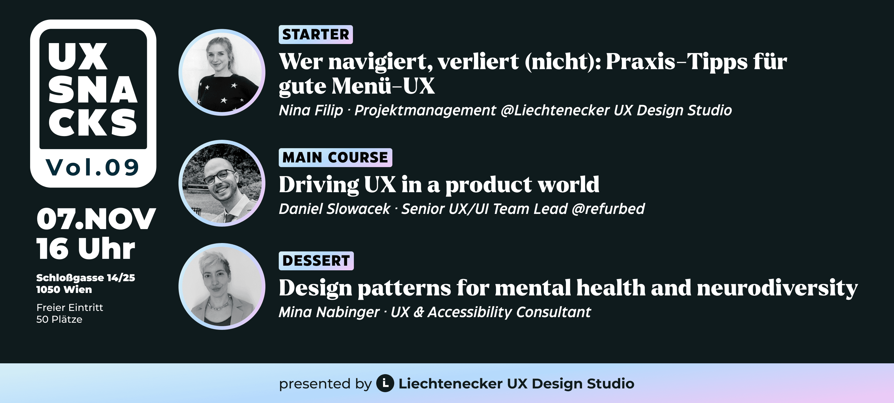 UX Snacks Vol.09. 07.11.24, 16:00 Programm inkl. Speakerfotos