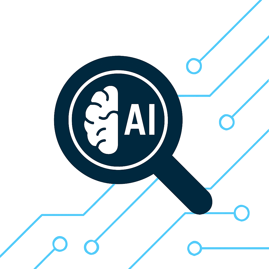 Lupe mit Gehirn und AI-Symbol auf blauem Schaltkreis-Hintergrund.