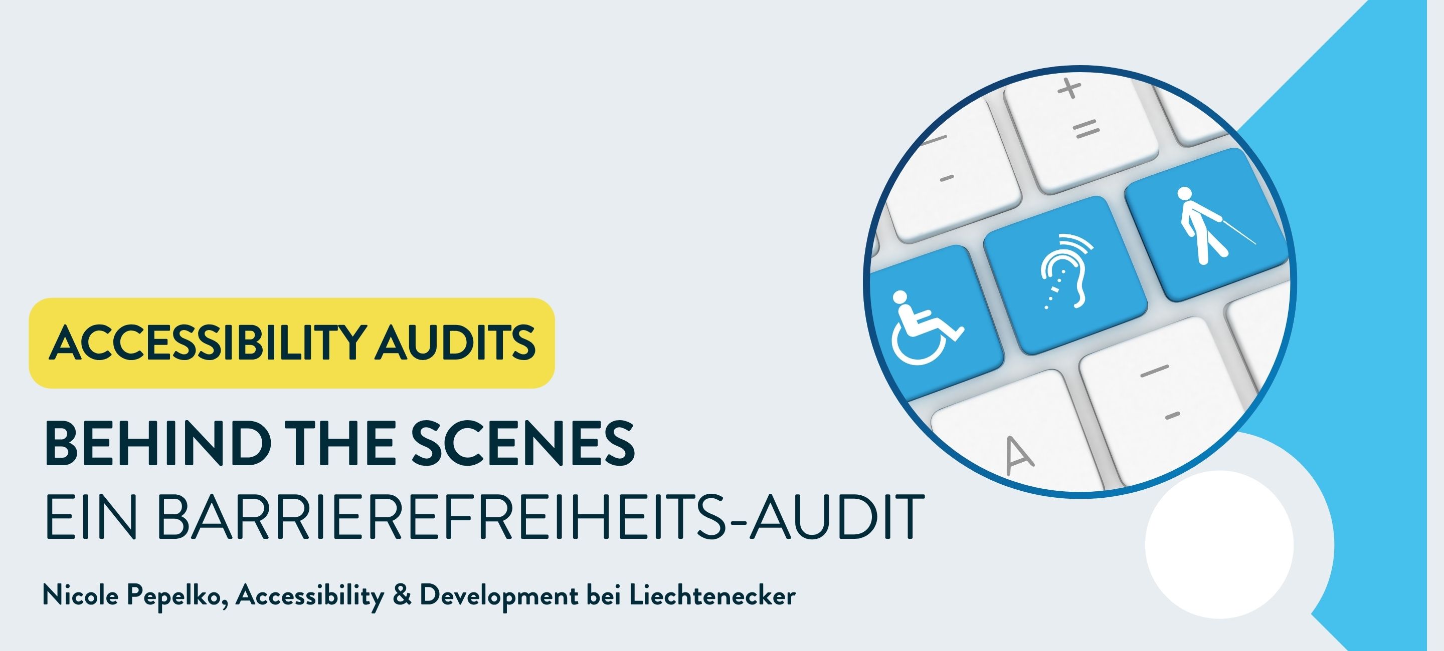 Headline mit Sujet: Tastatur mit Symbolen für Barrierefreiheit im Fokus auf hellem  Hintergrund