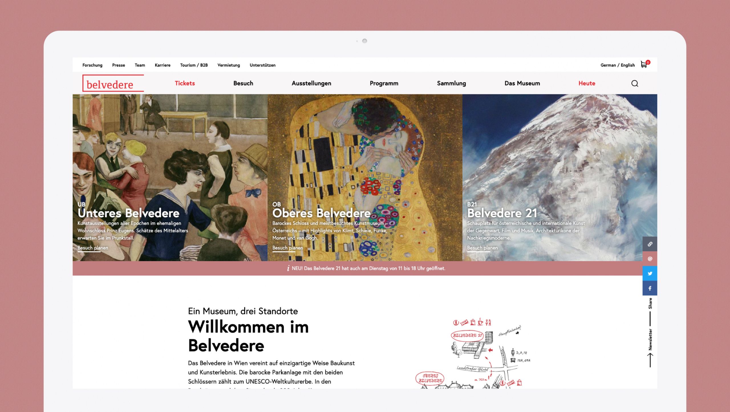 Abbildung der neuen Belvedere Startseite