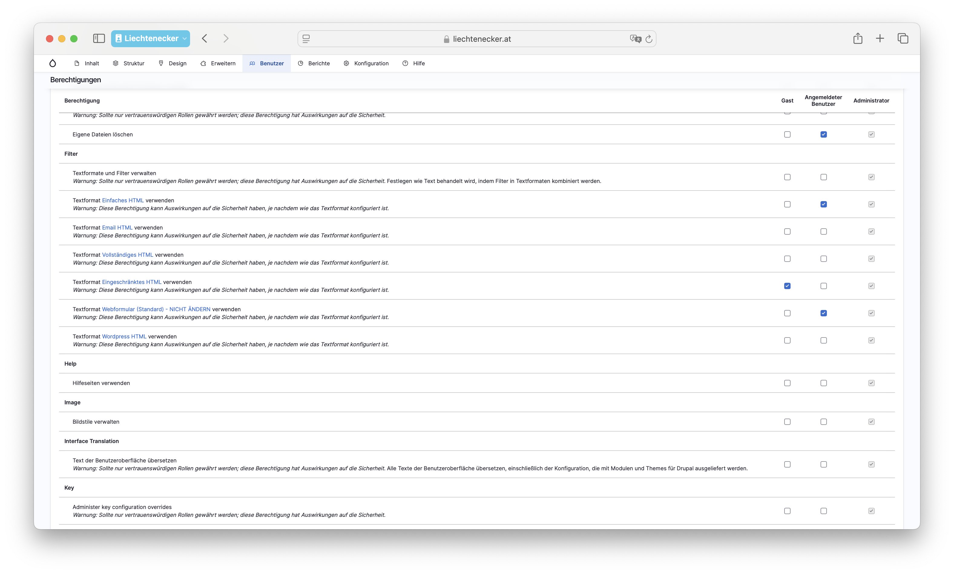 Screenshot Ansicht Berechtigungen