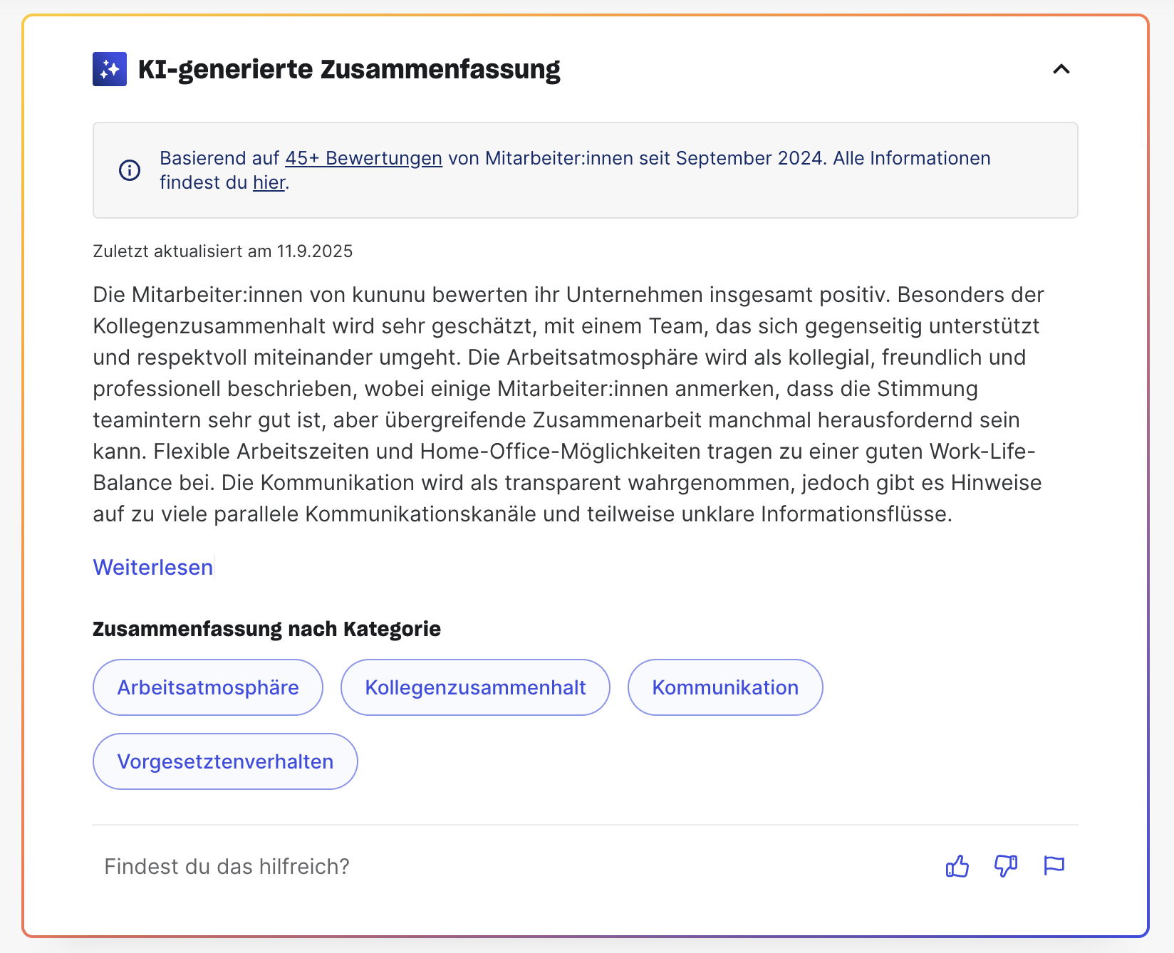 KI Zusammenfassung von kununu