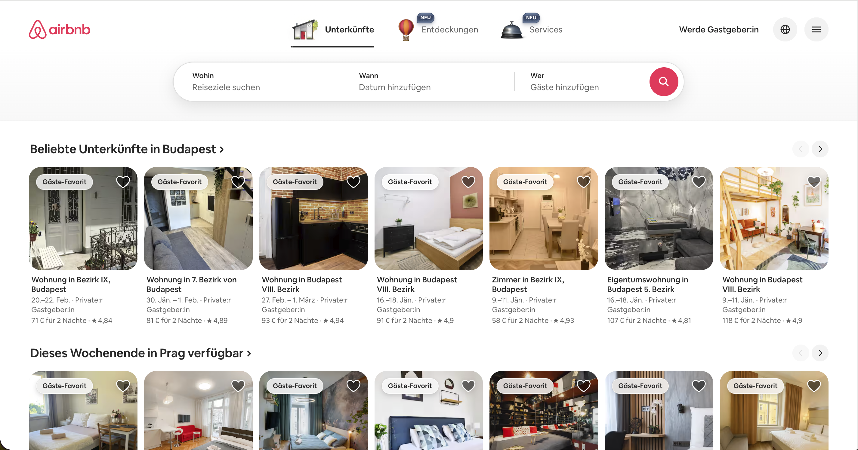 Ansicht Screenshot Webseite mit Wohnungsliste in Budapest, Fotos von Innenräumen, Airbnb-Logo oben links.