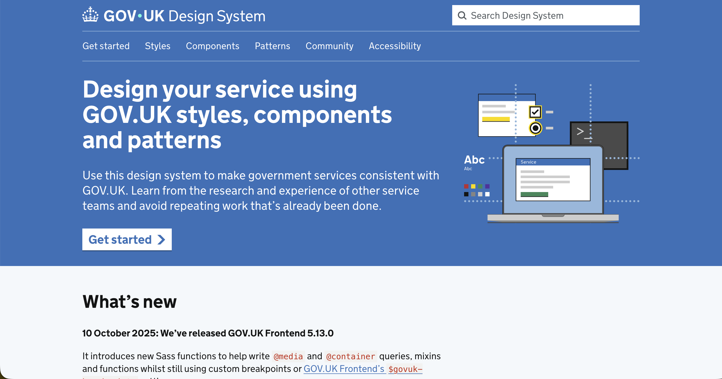 Screenhsot GOV.UK  Blauer Hintergrund mit Text zu Design System und Grafiken 