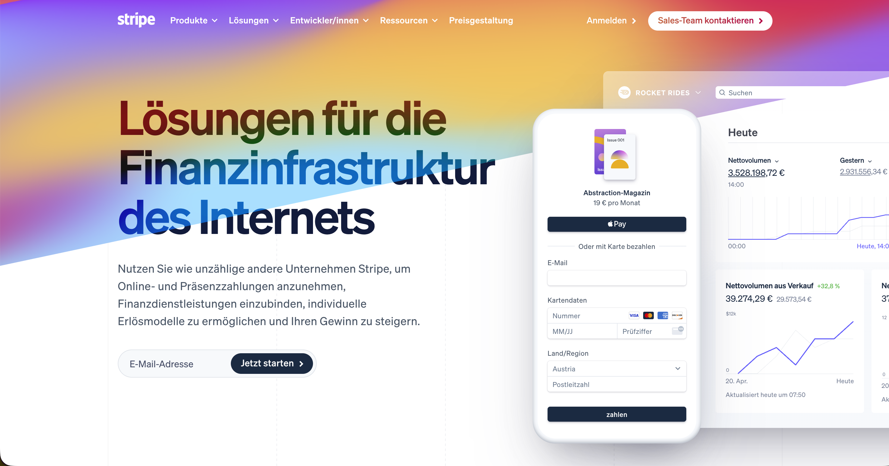 Website-Layout mit buntem Hintergrund, Smartphone und Diagrammen.