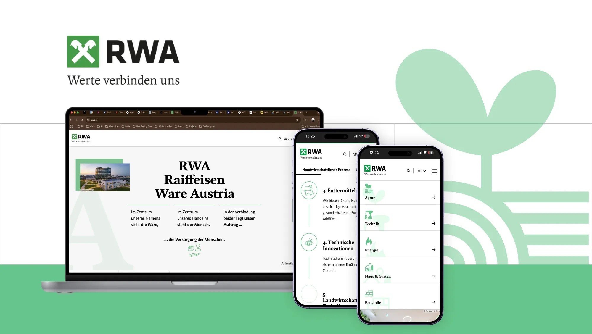 Screenshots eingebaut in einen Header mit grünem Rand und RWA Logo