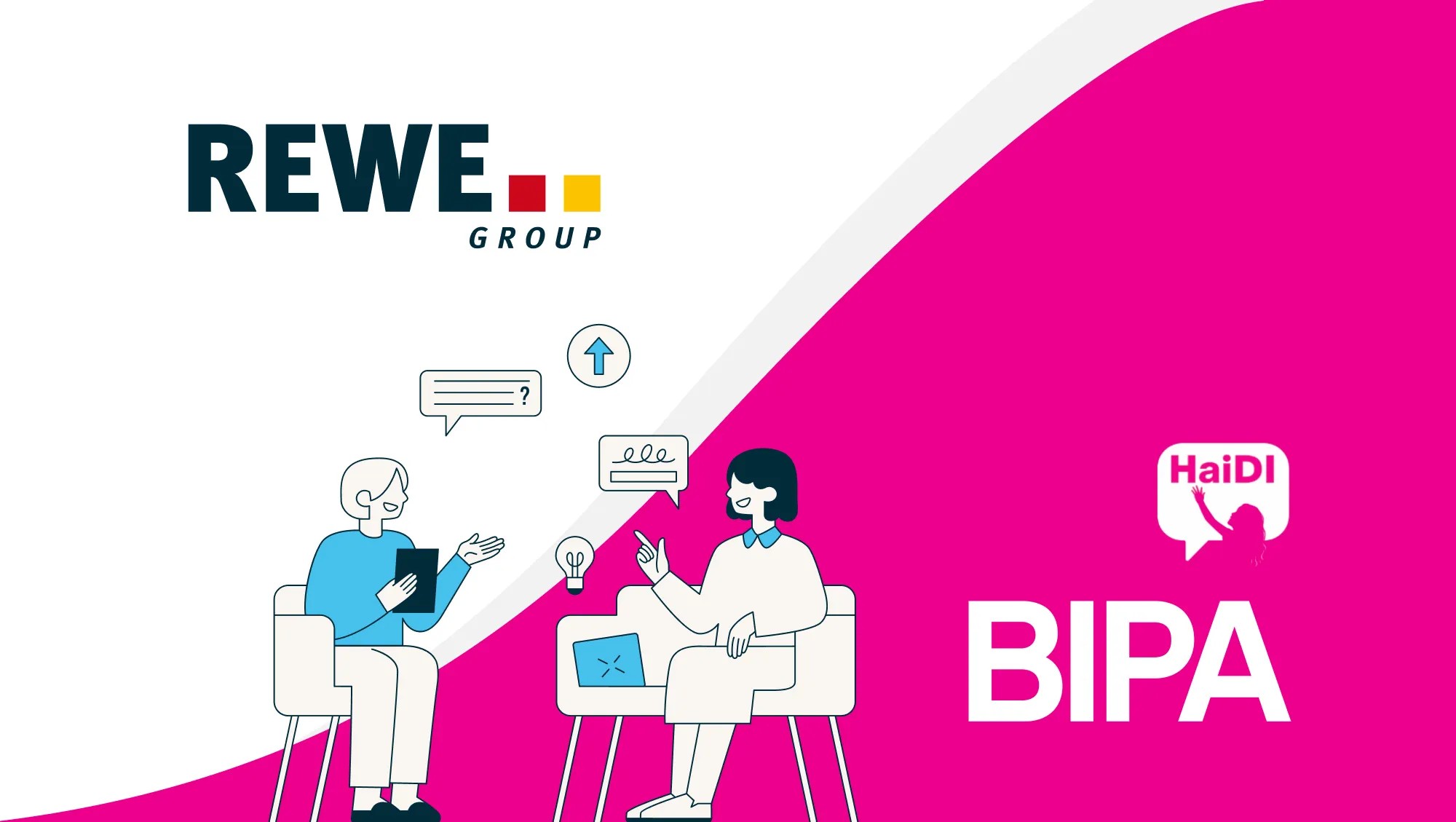 Zwei Personen reden in Büroumgebung, REWE Group und BIPA Logos sichtbar.