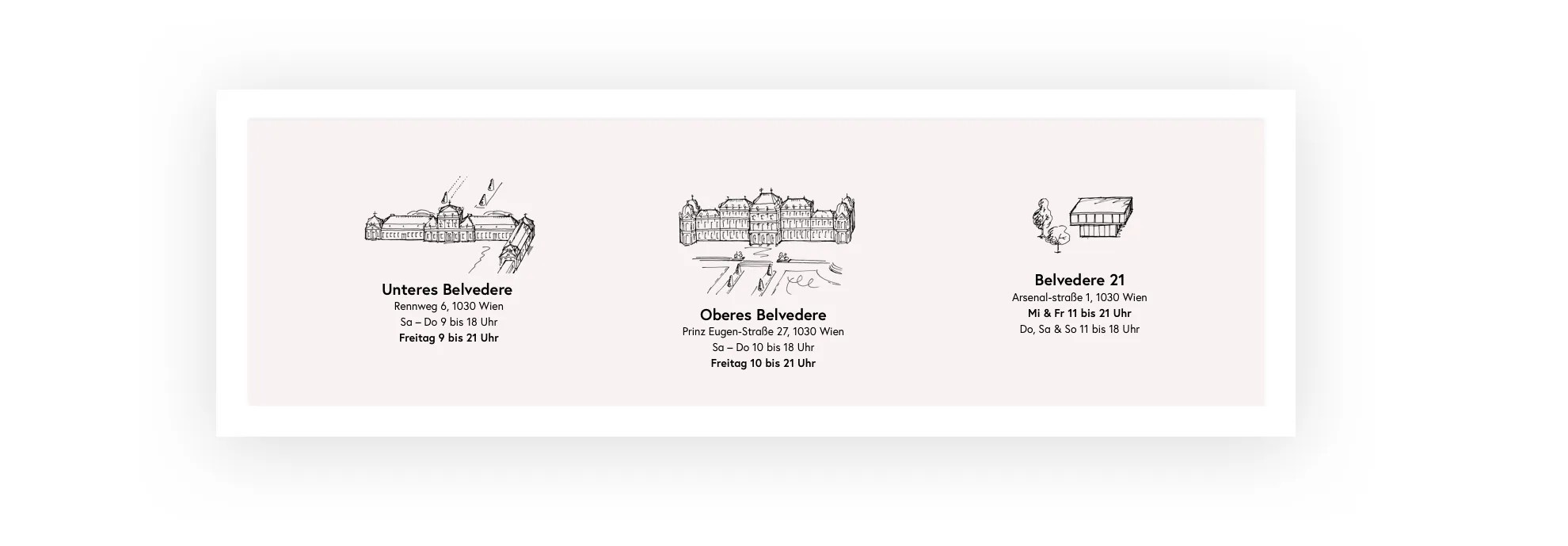 Eine Illustration der drei Häuser mit Adresse im Footer der Website.