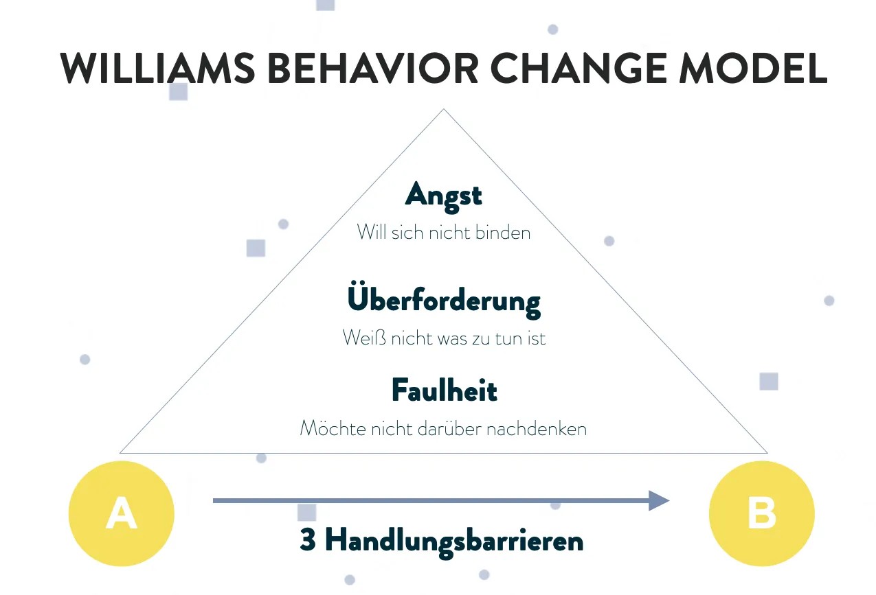 Eine schematische Darstellung des Williams Behaviour Change Modells -> eine Pyramide mit drei Feldern: Angst, Überforderung, Faulheit.