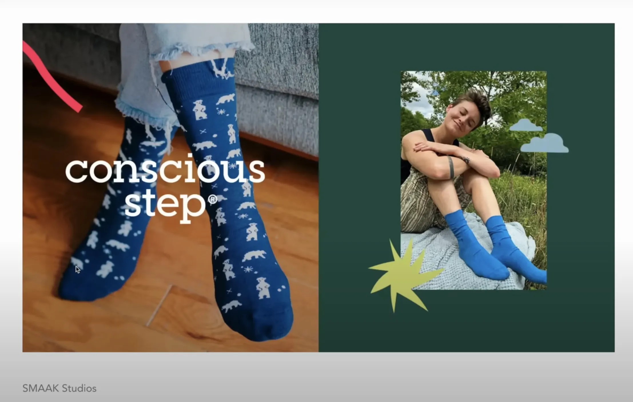 Foto von einem Paar Füße mit bauen Eisbärsocken und einem Tragefoto blauer Socken