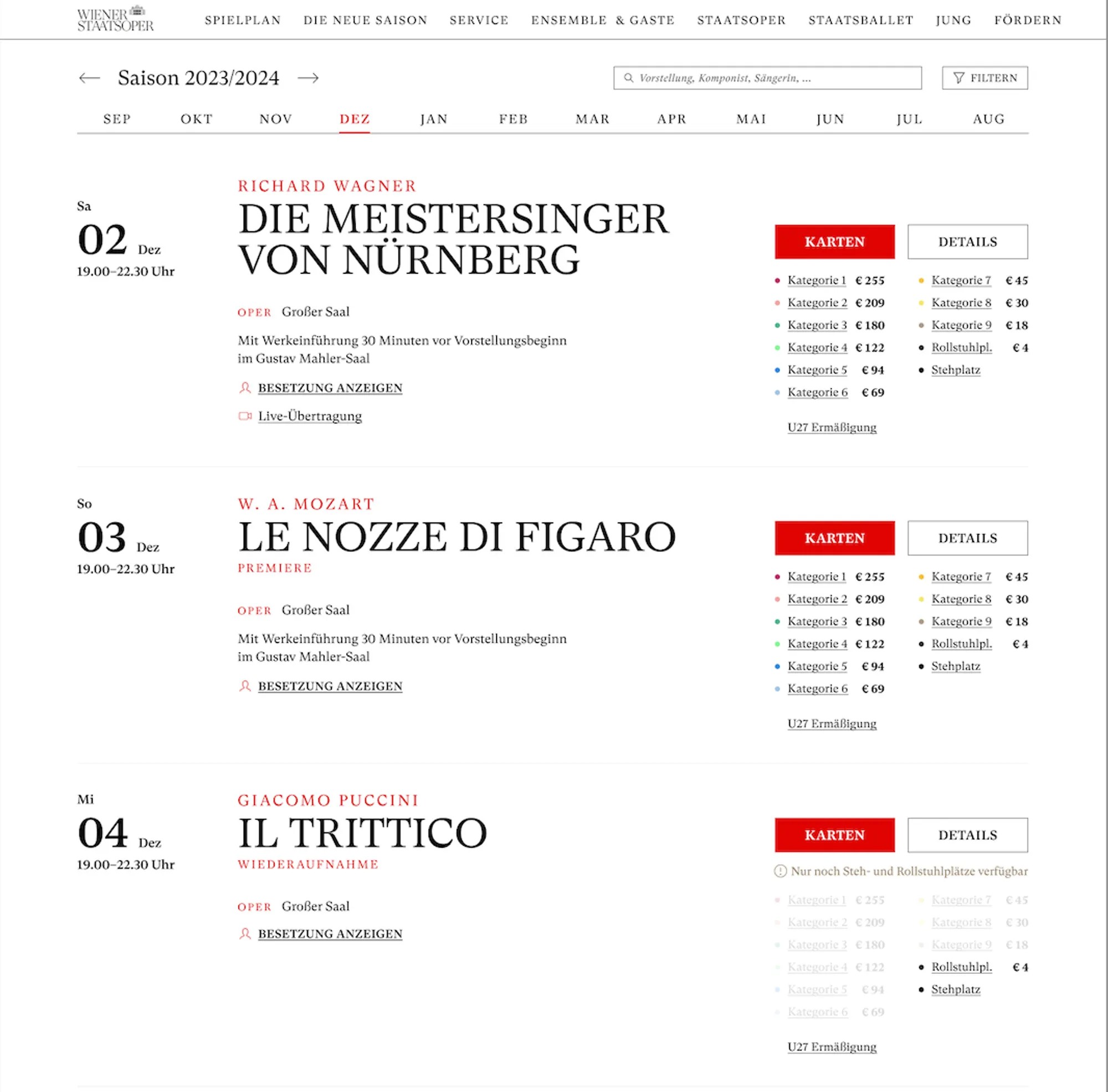 Screenshot des Spielplanes Kalenderansicht Saison 2023/24
Die Meistersinger von Nürnberg, Le Nozze di Figaro, Il Trittico